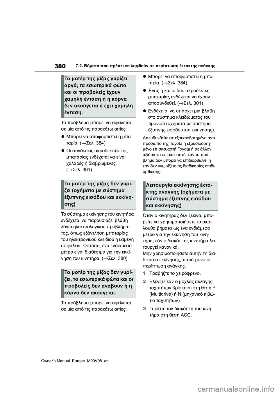 TOYOTA AYGO X 2022 ΟΔΗΓΌΣ ΧΡΉΣΗΣ (in Greek) 380
Owners Manual_Europe_M99V08_en
7-2. Βήματα που πρέπει να ληφθούν σε περίπτωση έκτακτης ανάγκης
Το πρόβλημα μπορεί να οφείλ TOYOTA AYGO X 2022 ΟΔΗΓΌΣ ΧΡΉΣΗΣ (in Greek) 380
Owners Manual_Europe_M99V08_en
7-2. Βήματα που πρέπει να ληφθούν σε περίπτωση έκτακτης ανάγκης
Το πρόβλημα μπορεί να οφείλ
