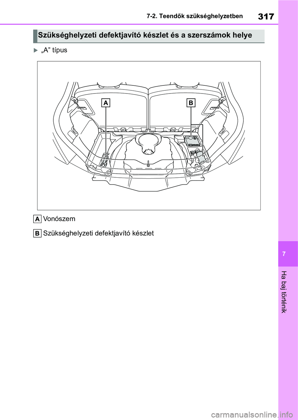 TOYOTA AYGO X 2022  Kezelési útmutató (in Hungarian) 317
7
7-2. Teendők szükséghelyzetben
Ha baj történik
„A” típus
Vonószem
Szükséghelyzeti defektjavító készlet
Szükséghelyzeti defektjavító készlet és a szerszámok helye 