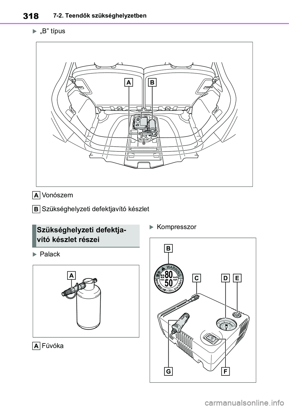TOYOTA AYGO X 2022  Kezelési útmutató (in Hungarian) 3187-2. Teendők szükséghelyzetben
„B” típusVonószem
Szükséghelyzeti defektjavító készlet
PalackFúvóka
KompresszorSzükséghelyzeti defektja-
vító készlet részei 
