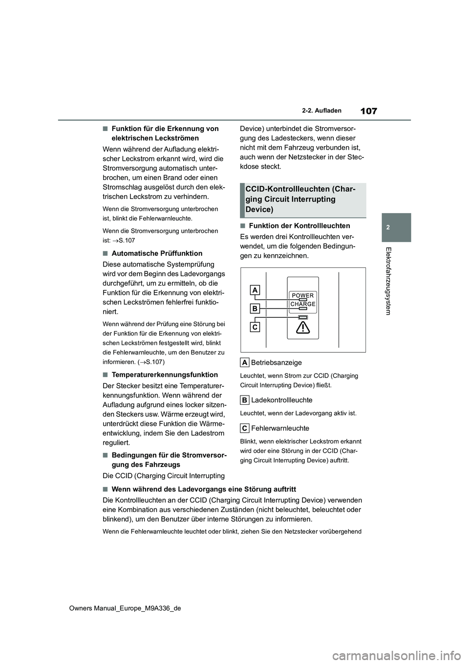 TOYOTA BZ4X 2022  Betriebsanleitungen (in German) 107
2
Owners Manual_Europe_M9A336_de
2-2. Aufladen
Elektrofahrzeugsystem
■Funktion für die Erkennung von  
elektrischen Leckströmen 
Wenn während der Aufladung elektri- 
scher Leckstrom erkannt w