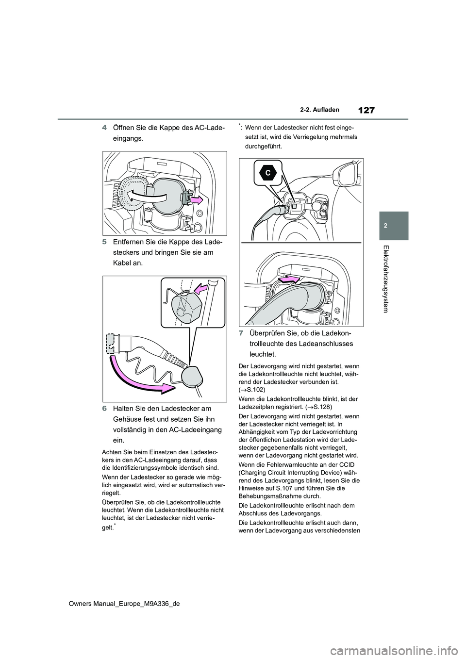 TOYOTA BZ4X 2022  Betriebsanleitungen (in German) 127
2
Owners Manual_Europe_M9A336_de
2-2. Aufladen
Elektrofahrzeugsystem
4Öffnen Sie die Kappe des AC-Lade- 
eingangs. 
5 Entfernen Sie die Kappe des Lade- 
steckers und bringen Sie sie am  
Kabel an