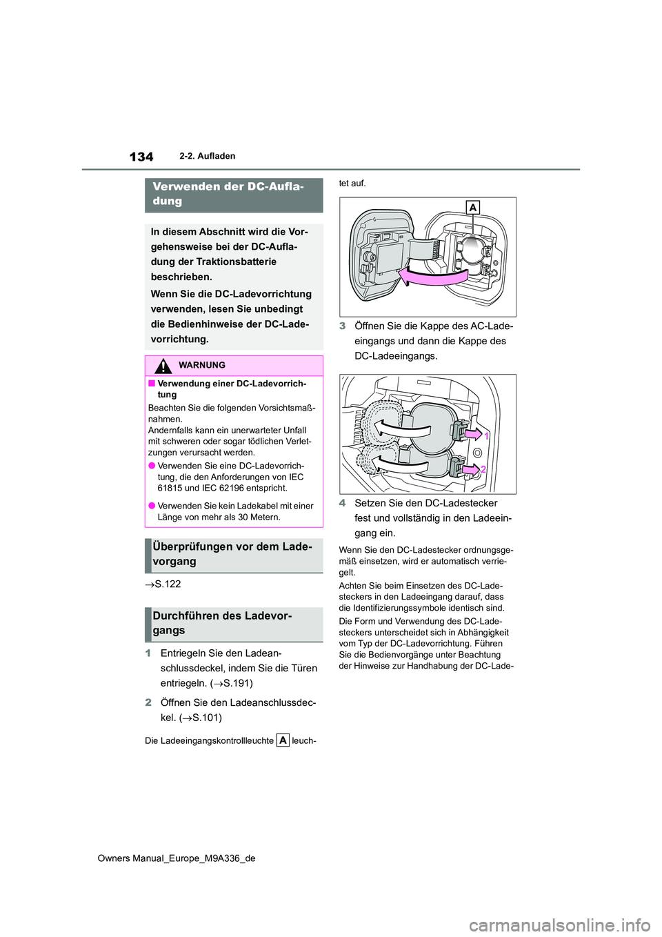 TOYOTA BZ4X 2022  Betriebsanleitungen (in German) 134
Owners Manual_Europe_M9A336_de
2-2. Aufladen
S.122 
1 Entriegeln Sie den Ladean- 
schlussdeckel, indem Sie die Türen  
entriegeln. ( S.191) 
2 Öffnen Sie den Ladeanschlussdec- 
kel. ( S