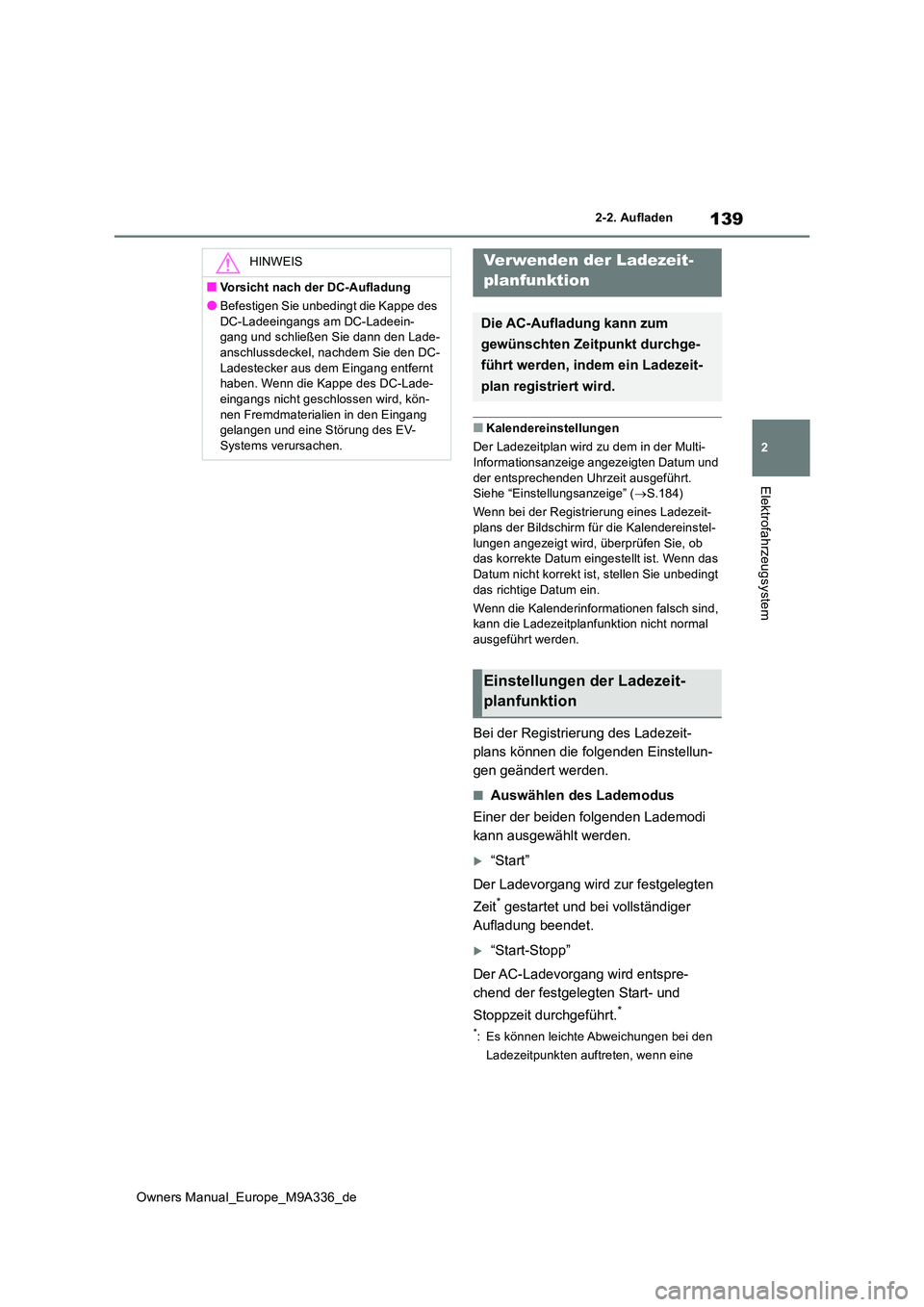 TOYOTA BZ4X 2022 Betriebsanleitungen (in German) 139
2
Owners Manual_Europe_M9A336_de
2-2. Aufladen
Elektrofahrzeugsystem
■Kalendereinstellungen
Der Ladezeitplan wird zu dem in der Multi-
Informationsanzeige angezeigten Datum und der entspreche TOYOTA BZ4X 2022 Betriebsanleitungen (in German) 139
2
Owners Manual_Europe_M9A336_de
2-2. Aufladen
Elektrofahrzeugsystem
■Kalendereinstellungen
Der Ladezeitplan wird zu dem in der Multi-
Informationsanzeige angezeigten Datum und der entspreche