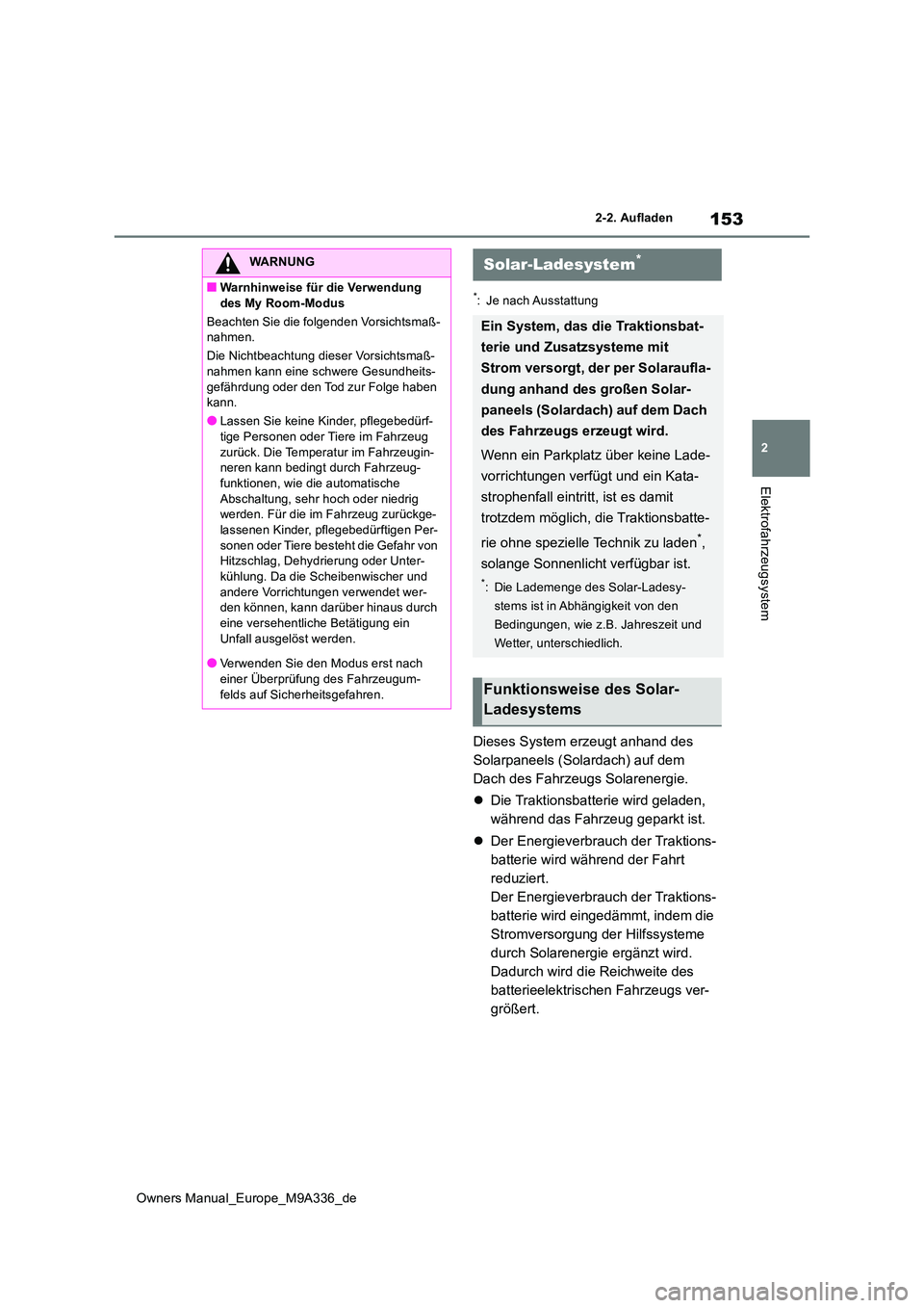 TOYOTA BZ4X 2022  Betriebsanleitungen (in German) 153
2
Owners Manual_Europe_M9A336_de
2-2. Aufladen
Elektrofahrzeugsystem
*: Je nach Ausstattung
Dieses System erzeugt anhand des  
Solarpaneels (Solardach) auf dem 
Dach des Fahrzeugs Solarenergie. 
