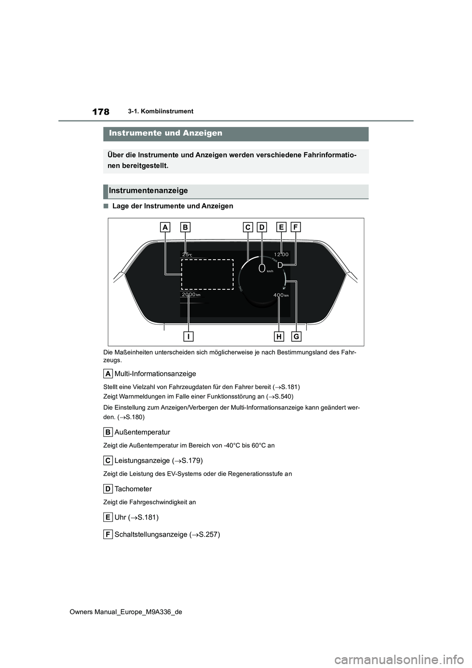 TOYOTA BZ4X 2022  Betriebsanleitungen (in German) 178
Owners Manual_Europe_M9A336_de
3-1. Kombiinstrument
■Lage der Instrumente und Anzeigen
Die Maßeinheiten unterscheiden sich möglicherweise je nach Bestimmungsland des Fahr- zeugs.
Multi-Informa