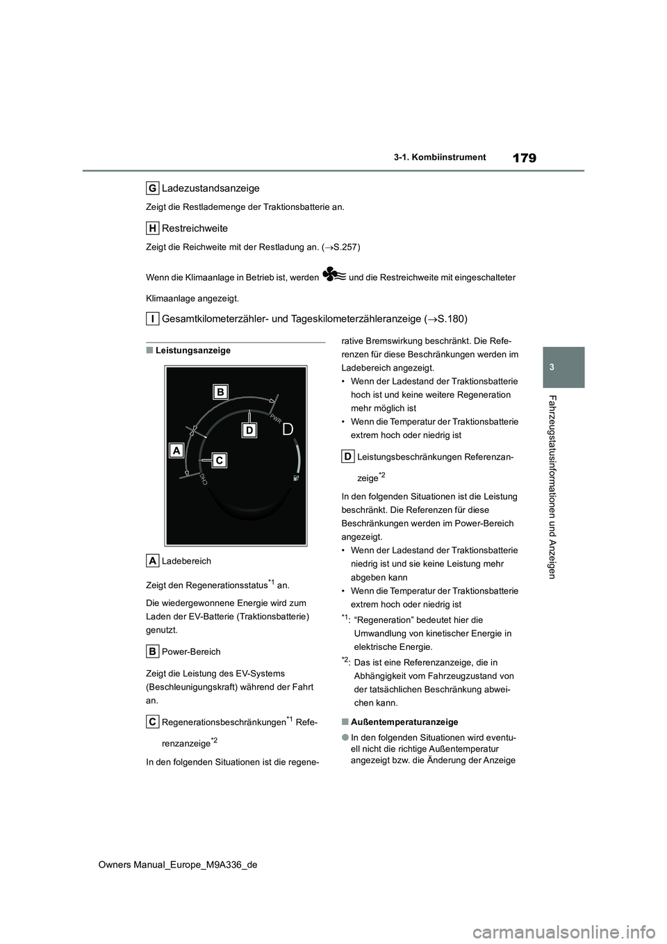 TOYOTA BZ4X 2022  Betriebsanleitungen (in German) 179
3
Owners Manual_Europe_M9A336_de
3-1. Kombiinstrument
Fahrzeugstatusinformationen und Anzeigen
Ladezustandsanzeige
Zeigt die Restlademenge der Traktionsbatterie an.
Restreichweite
Zeigt die Reichw