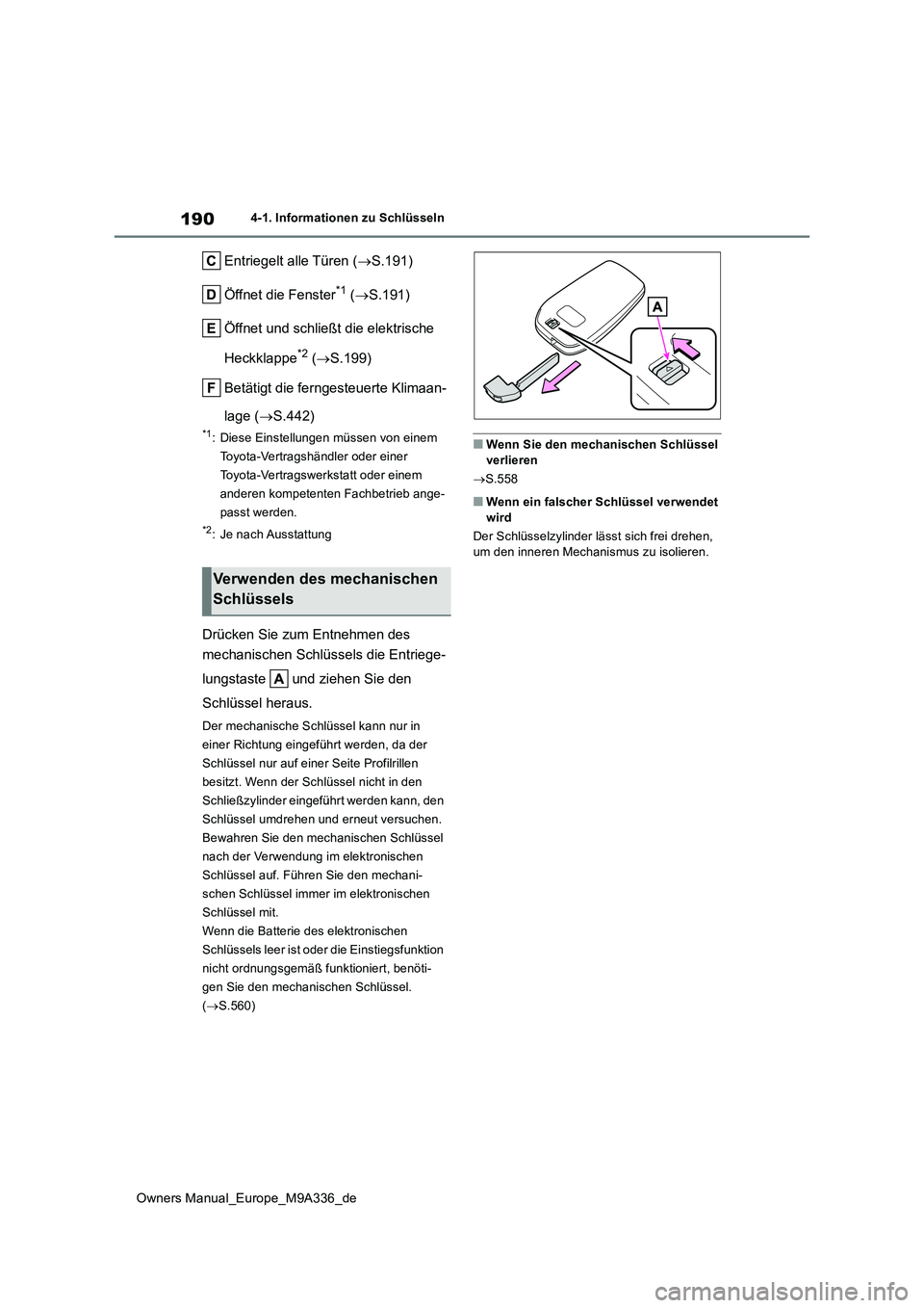 TOYOTA BZ4X 2022  Betriebsanleitungen (in German) 190
Owners Manual_Europe_M9A336_de
4-1. Informationen zu Schlüsseln
Entriegelt alle Türen (S.191) 
Öffnet die Fenster*1 ( S.191) 
Öffnet und schließt die elektrische  
Heckklappe*2 ( S.1