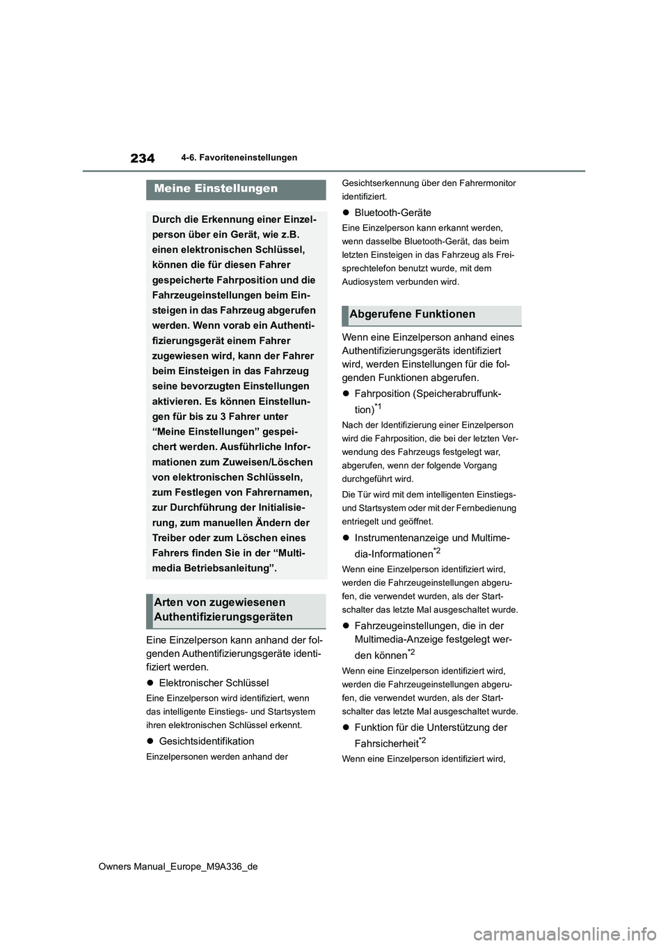 TOYOTA BZ4X 2022  Betriebsanleitungen (in German) 234
Owners Manual_Europe_M9A336_de
4-6. Favoriteneinstellungen
Eine Einzelperson kann anhand der fol- 
genden Authentifizierungsgeräte identi-
fiziert werden. 
 Elektronischer Schlüssel
Eine Einz