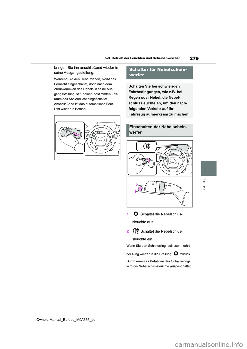 TOYOTA BZ4X 2022  Betriebsanleitungen (in German) 279
5
Owners Manual_Europe_M9A336_de
5-3. Betrieb der Leuchten und Scheibenwischer
Fahren
bringen Sie ihn anschließend wieder in  
seine Ausgangsstellung.
Während Sie den Hebel ziehen, bleibt das  
