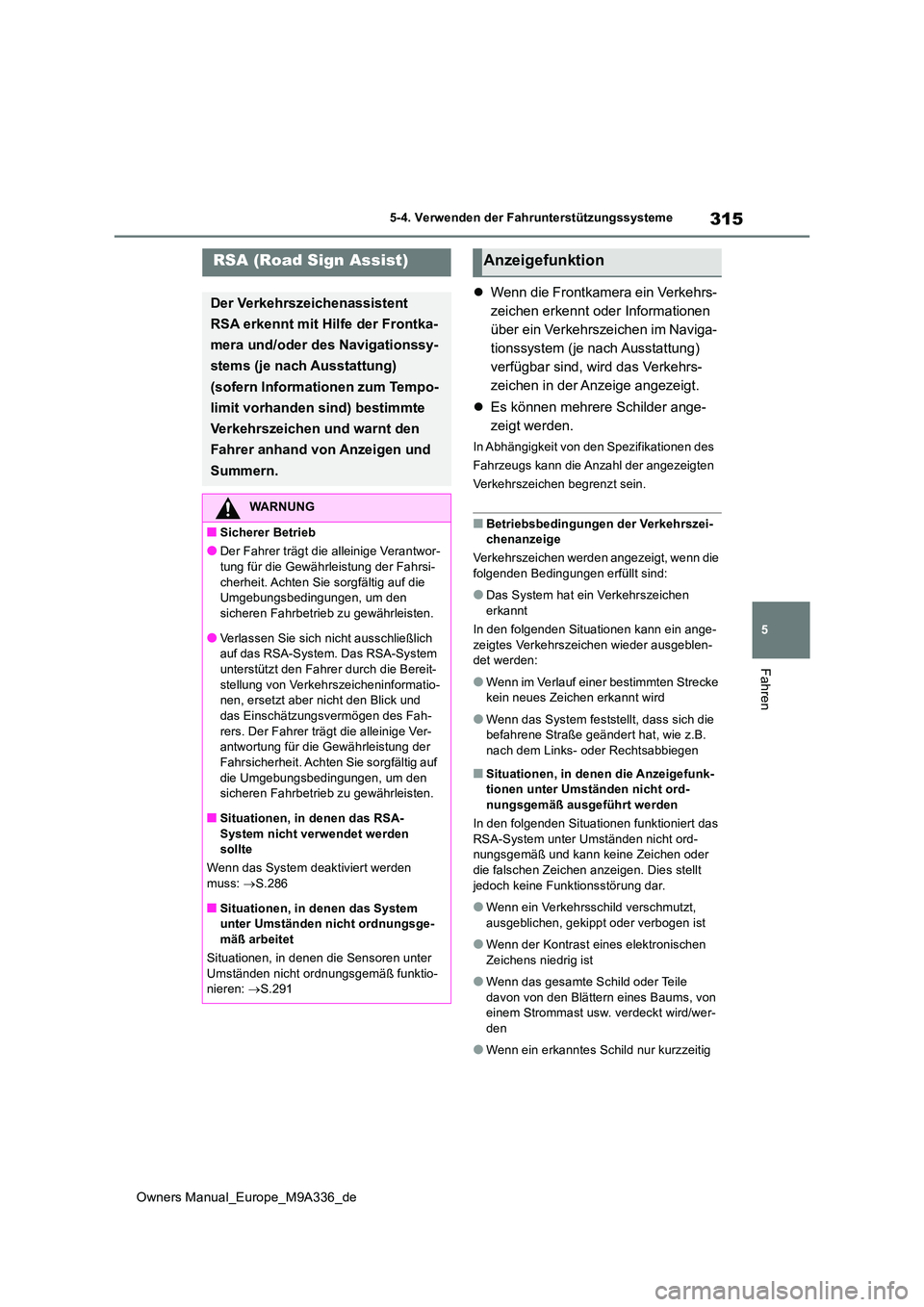 TOYOTA BZ4X 2022  Betriebsanleitungen (in German) 315
5
Owners Manual_Europe_M9A336_de
5-4. Verwenden der Fahrunterstützungssysteme
Fahren
Wenn die Frontkamera ein Verkehrs- 
zeichen erkennt oder Informationen 
über ein Verkehrszeichen im Naviga