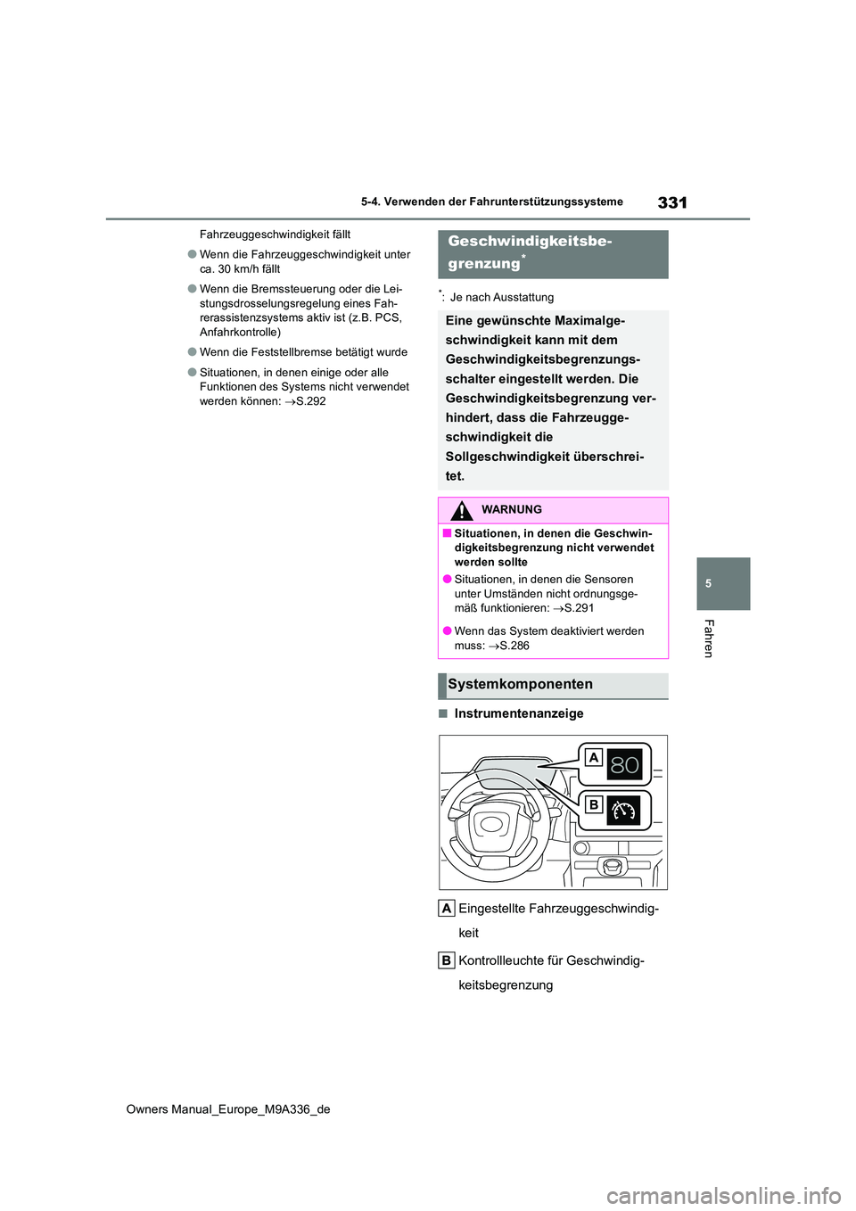 TOYOTA BZ4X 2022  Betriebsanleitungen (in German) 331
5
Owners Manual_Europe_M9A336_de
5-4. Verwenden der Fahrunterstützungssysteme
Fahren
Fahrzeuggeschwindigkeit fällt
●Wenn die Fahrzeuggeschwindigkeit unter  
ca. 30 km/h fällt
●Wenn die Brem