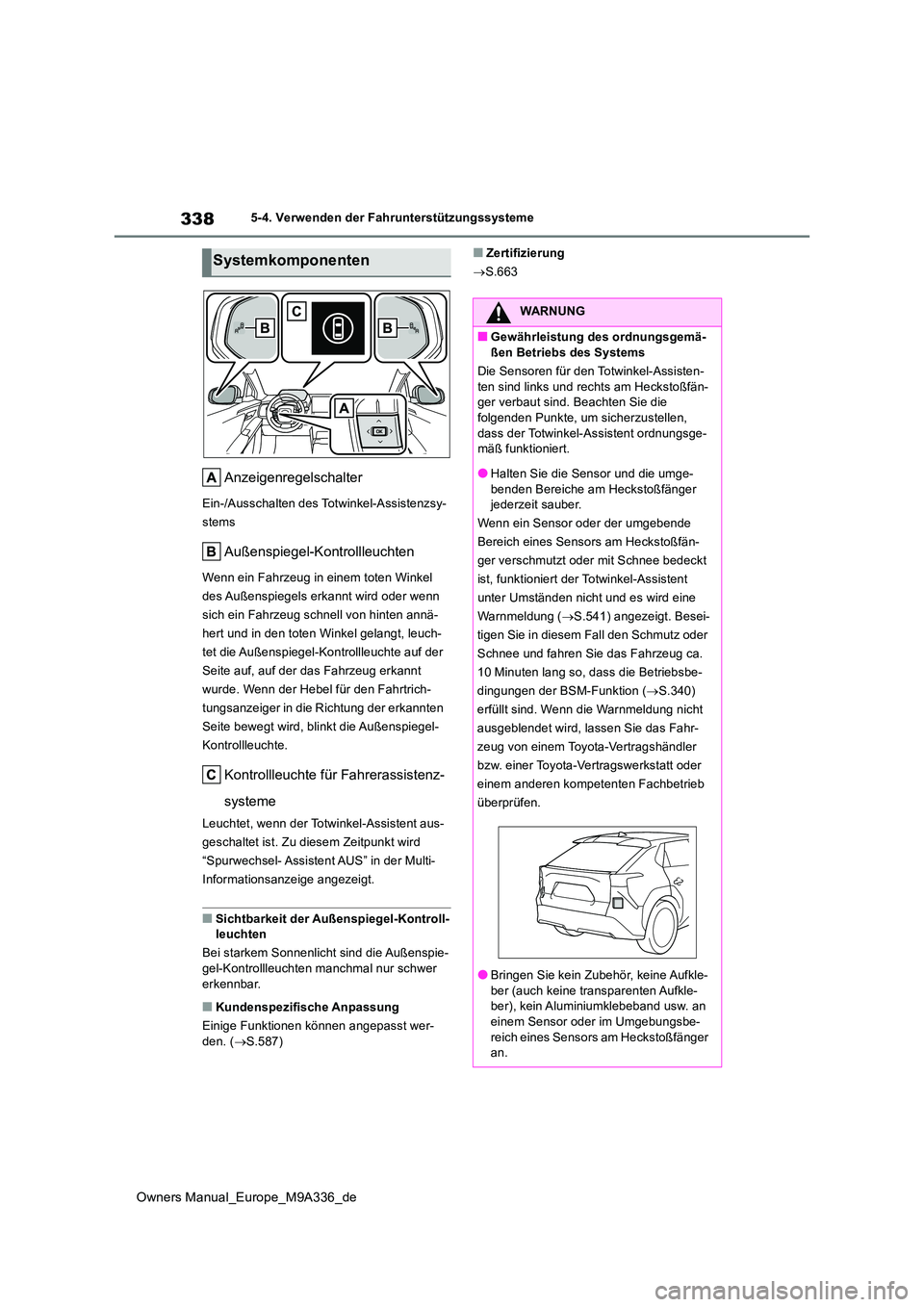 TOYOTA BZ4X 2022  Betriebsanleitungen (in German) 338
Owners Manual_Europe_M9A336_de
5-4. Verwenden der Fahrunterstützungssysteme
Anzeigenregelschalter
Ein-/Ausschalten des Totwinkel-Assistenzsy- 
stems
Außenspiegel-Kontrollleuchten
Wenn ein Fahrze