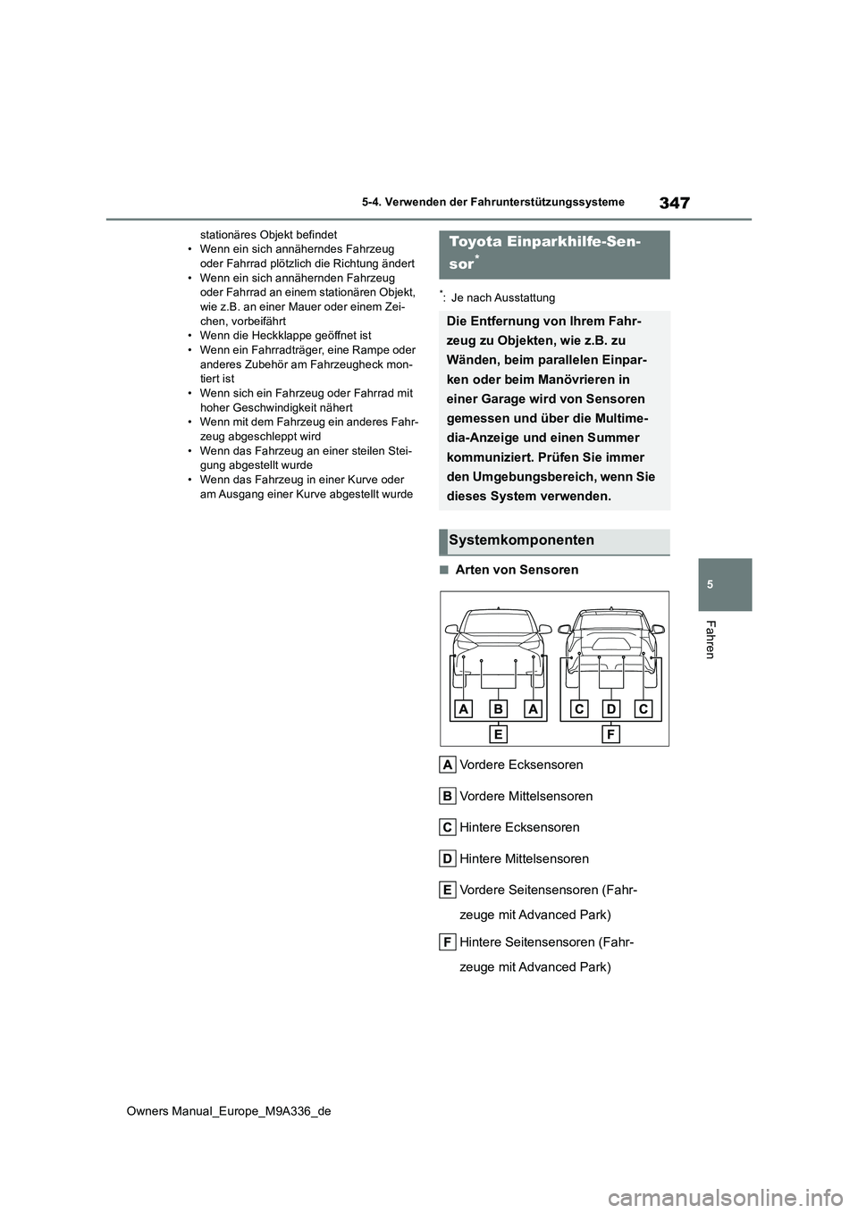 TOYOTA BZ4X 2022  Betriebsanleitungen (in German) 347
5
Owners Manual_Europe_M9A336_de
5-4. Verwenden der Fahrunterstützungssysteme
Fahren
stationäres Objekt befindet • Wenn ein sich annäherndes Fahrzeug oder Fahrrad plötzlic h die Richtung än