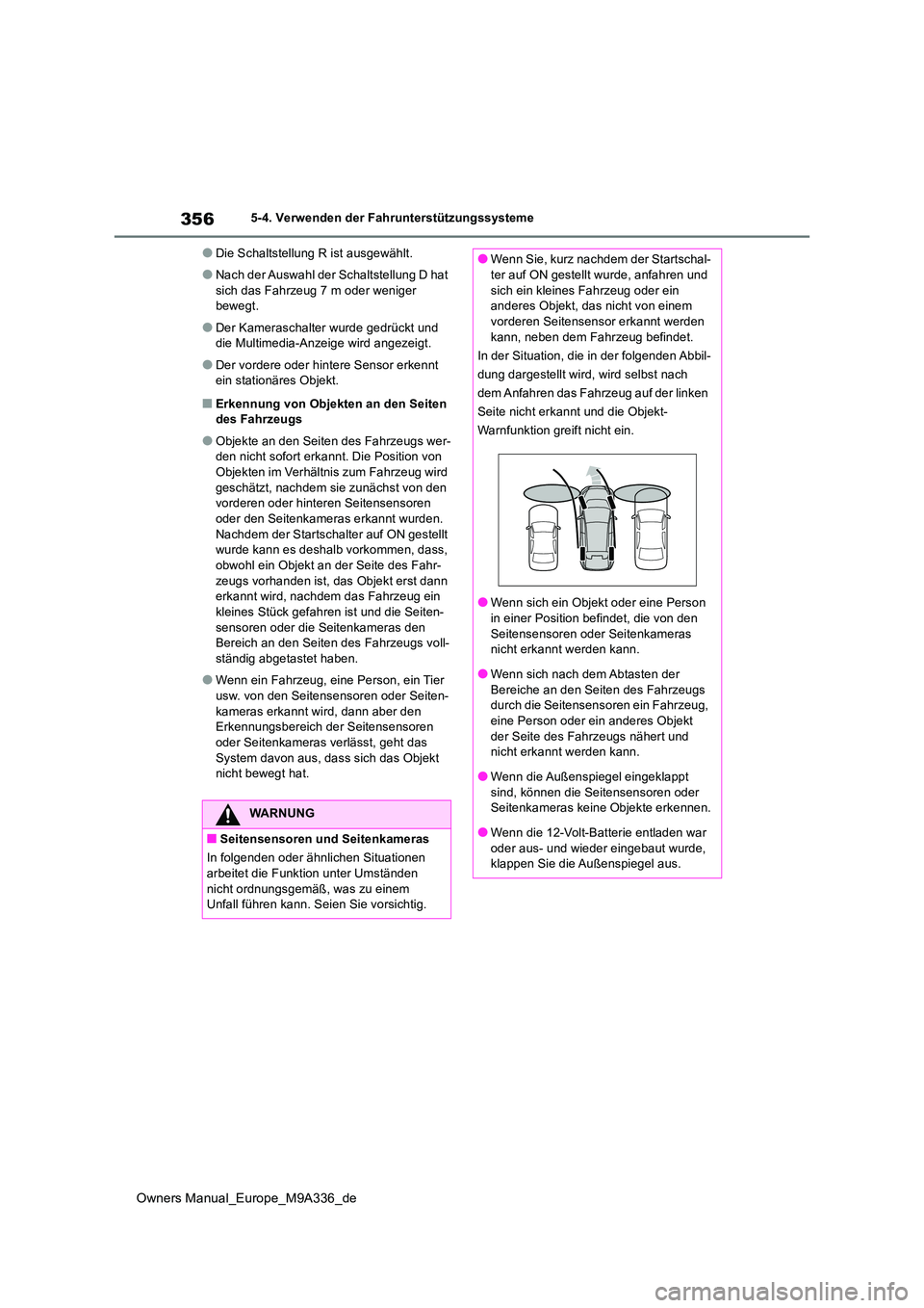 TOYOTA BZ4X 2022  Betriebsanleitungen (in German) 356
Owners Manual_Europe_M9A336_de
5-4. Verwenden der Fahrunterstützungssysteme
●Die Schaltstellung R ist ausgewählt.
●Nach der Auswahl der Schaltstellung D hat  
sich das Fahrzeug 7 m oder weni