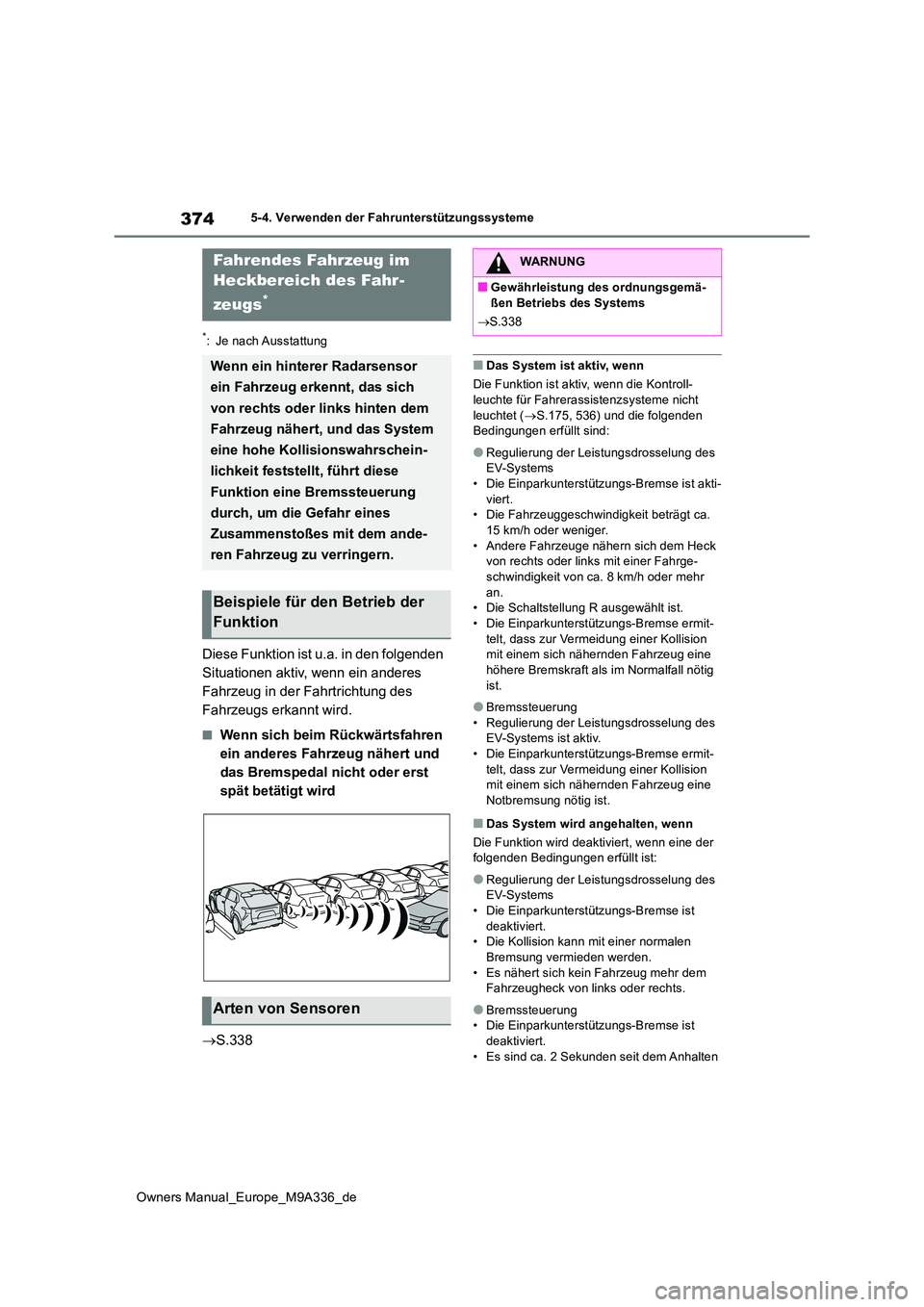 TOYOTA BZ4X 2022  Betriebsanleitungen (in German) 374
Owners Manual_Europe_M9A336_de
5-4. Verwenden der Fahrunterstützungssysteme
*: Je nach Ausstattung
Diese Funktion ist u.a. in den folgenden  
Situationen aktiv, wenn ein anderes 
Fahrzeug in der 