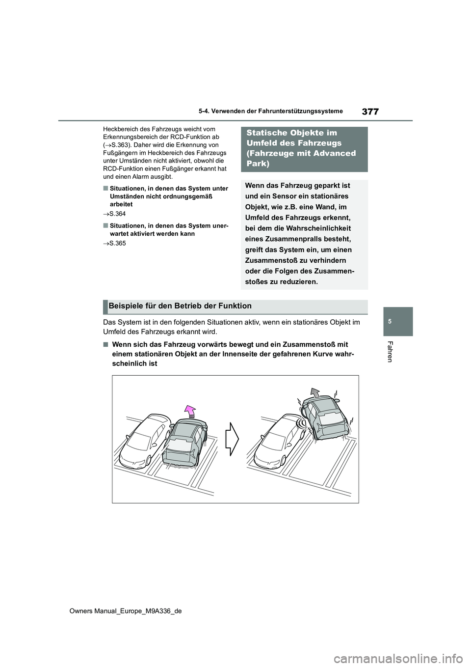 TOYOTA BZ4X 2022  Betriebsanleitungen (in German) 377
5
Owners Manual_Europe_M9A336_de
5-4. Verwenden der Fahrunterstützungssysteme
Fahren
Heckbereich des Fahrzeugs weicht vom  Erkennungsbereich der RCD-Funktion ab ( S.363). Daher wird die Erkenn