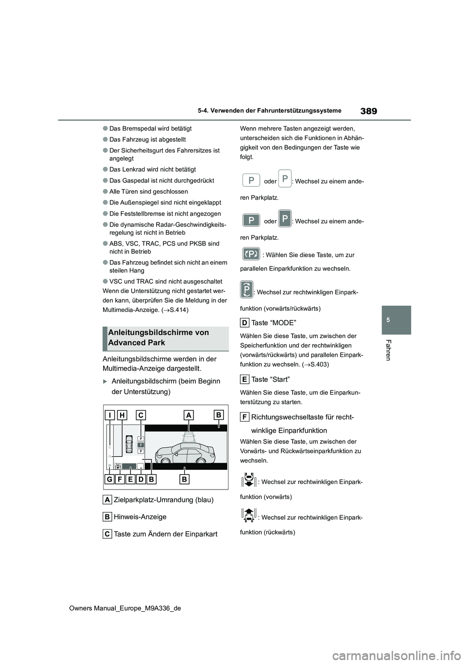 TOYOTA BZ4X 2022  Betriebsanleitungen (in German) 389
5
Owners Manual_Europe_M9A336_de
5-4. Verwenden der Fahrunterstützungssysteme
Fahren
●Das Bremspedal wird betätigt
●Das Fahrzeug ist abgestellt
●Der Sicherheitsgurt des Fahrersitzes ist  a