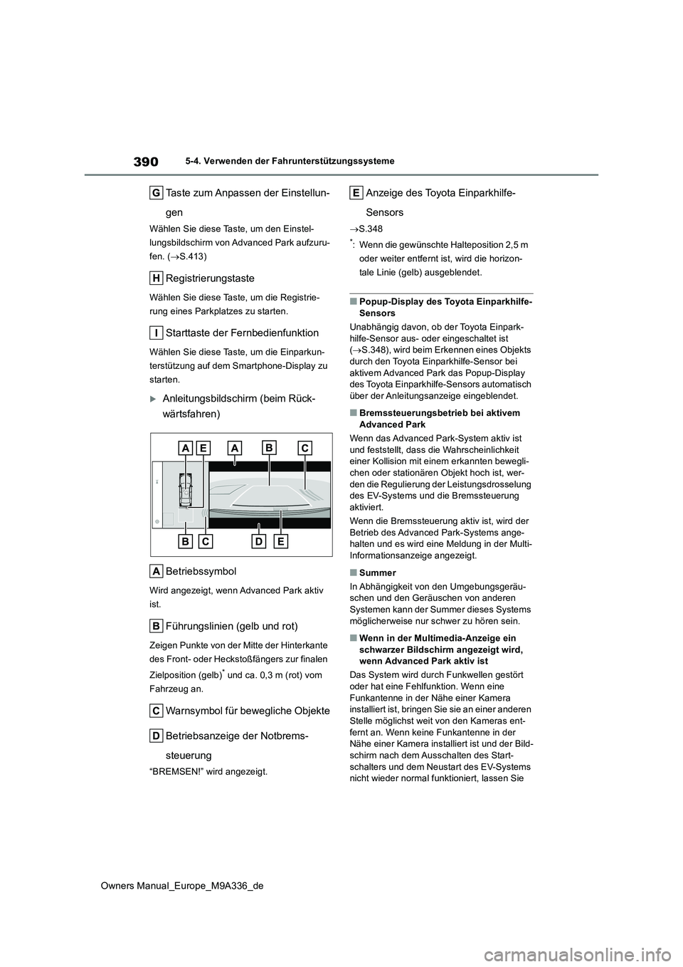 TOYOTA BZ4X 2022  Betriebsanleitungen (in German) 390
Owners Manual_Europe_M9A336_de
5-4. Verwenden der Fahrunterstützungssysteme
Taste zum Anpassen der Einstellun- 
gen
Wählen Sie diese Taste, um den Einstel- 
lungsbildschirm von Advanced Park auf