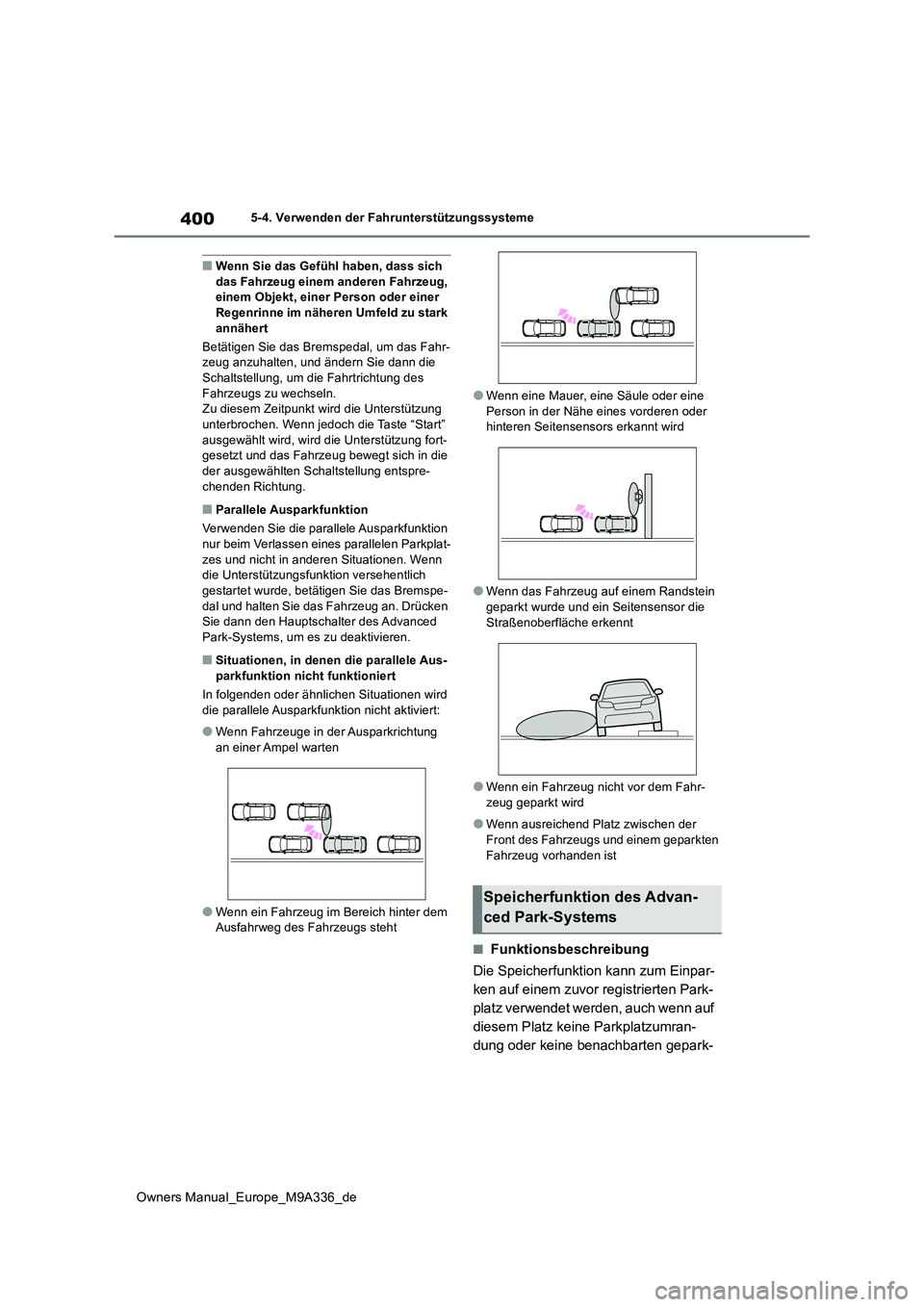 TOYOTA BZ4X 2022  Betriebsanleitungen (in German) 400
Owners Manual_Europe_M9A336_de
5-4. Verwenden der Fahrunterstützungssysteme
■Wenn Sie das Gefühl haben, dass sich  das Fahrzeug einem anderen Fahrzeug, einem Objekt, einer Person oder einer  
