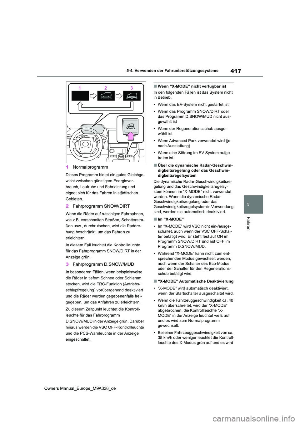 TOYOTA BZ4X 2022  Betriebsanleitungen (in German) 417
5
Owners Manual_Europe_M9A336_de
5-4. Verwenden der Fahrunterstützungssysteme
Fahren
1Normalprogramm
Dieses Programm bietet ein gutes Gleichge- 
wicht zwischen günstigem Energiever-
brauch, Lauf