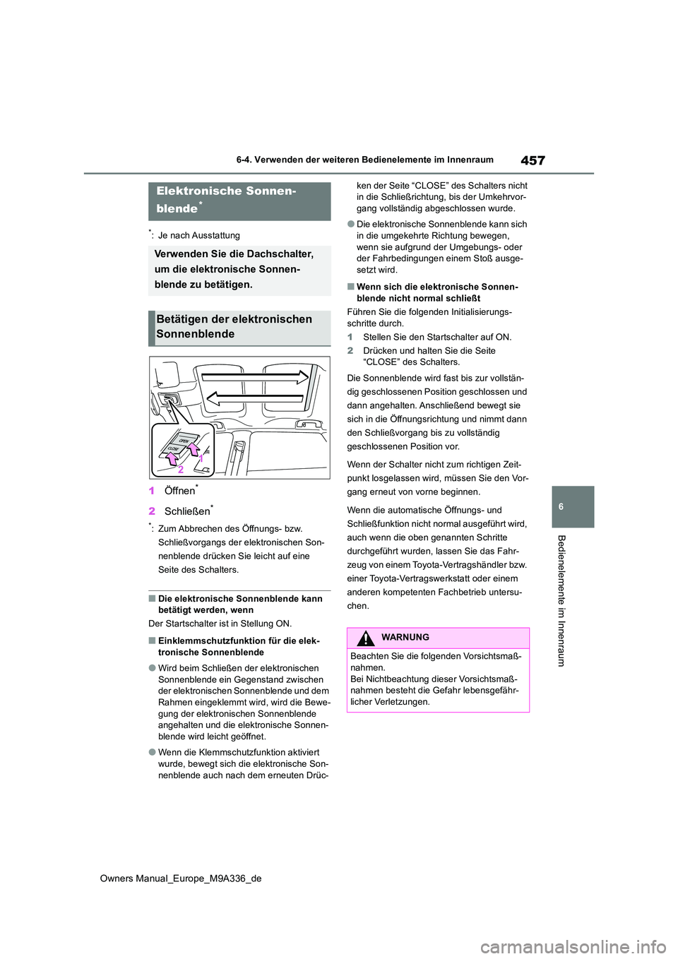 TOYOTA BZ4X 2022  Betriebsanleitungen (in German) 457
6
Owners Manual_Europe_M9A336_de
6-4. Verwenden der weiteren Bedienelemente im Innenraum
Bedienelemente im Innenraum
6-4.Verwende n d er weite ren  Bed ie nelemente im Inn enraum
*: Je nach Aussta