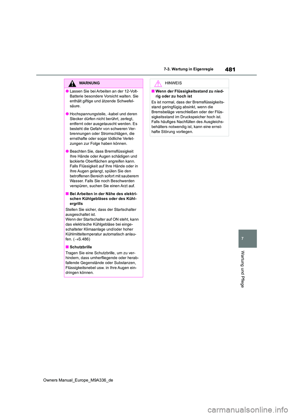 TOYOTA BZ4X 2022  Betriebsanleitungen (in German) 481
7
Owners Manual_Europe_M9A336_de
7-3. Wartung in Eigenregie
Wartung und Pflege
WARNUNG
●Lassen Sie bei Arbeiten an der 12-Volt- 
Batterie besondere Vorsicht walten. Sie  enthält giftige und ät