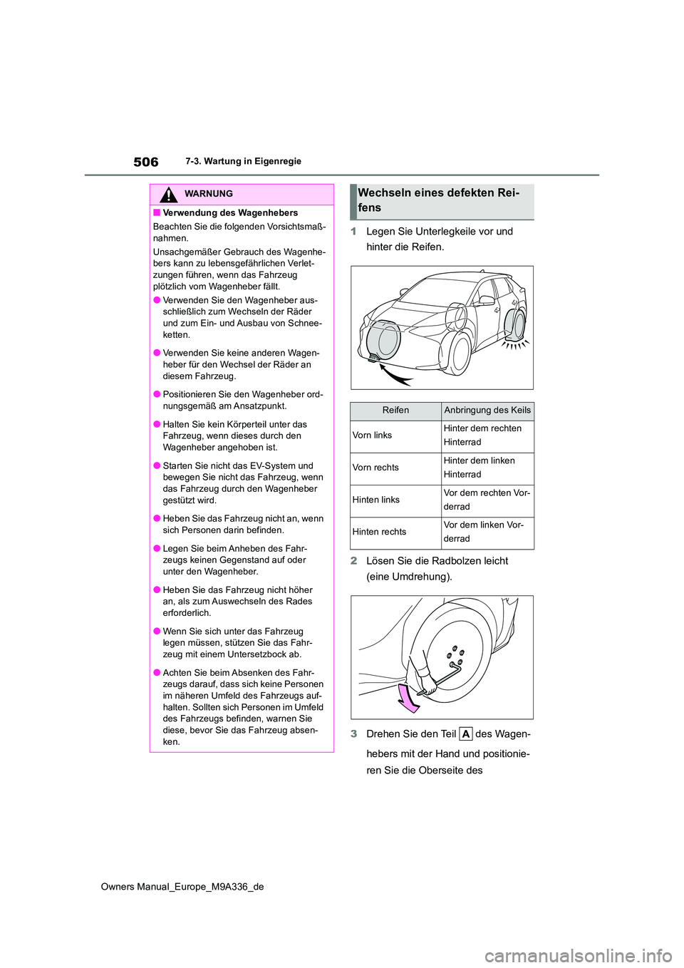 TOYOTA BZ4X 2022  Betriebsanleitungen (in German) 506
Owners Manual_Europe_M9A336_de
7-3. Wartung in Eigenregie
1Legen Sie Unterlegkeile vor und  
hinter die Reifen. 
2 Lösen Sie die Radbolzen leicht  
(eine Umdrehung). 
3 Drehen Sie den Teil   des 