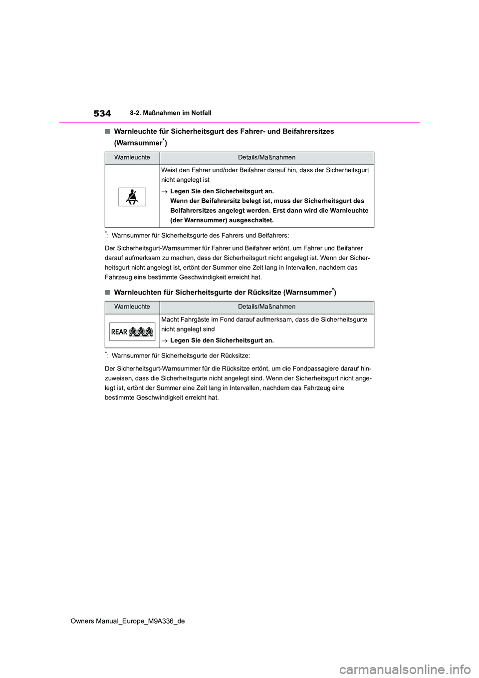 TOYOTA BZ4X 2022  Betriebsanleitungen (in German) 534
Owners Manual_Europe_M9A336_de
8-2. Maßnahmen im Notfall
■Warnleuchte für Sicherheitsgurt des Fahrer- und Beifahrersitzes  
(Warnsummer*)
*: Warnsummer für Sicherheitsgur te des Fahrers und B