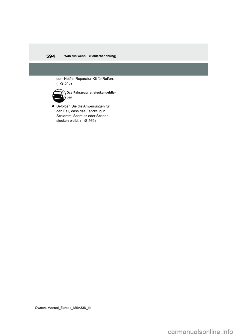 TOYOTA BZ4X 2022  Betriebsanleitungen (in German) 594
Owners Manual_Europe_M9A336_de
Was tun wenn... (Fehlerbehebung)
dem Notfall-Reparatur-Kit für Reifen.  
( S.546) 
 Befolgen Sie die Anweisungen für  
den Fall, dass das Fahrzeug in 
Schlam