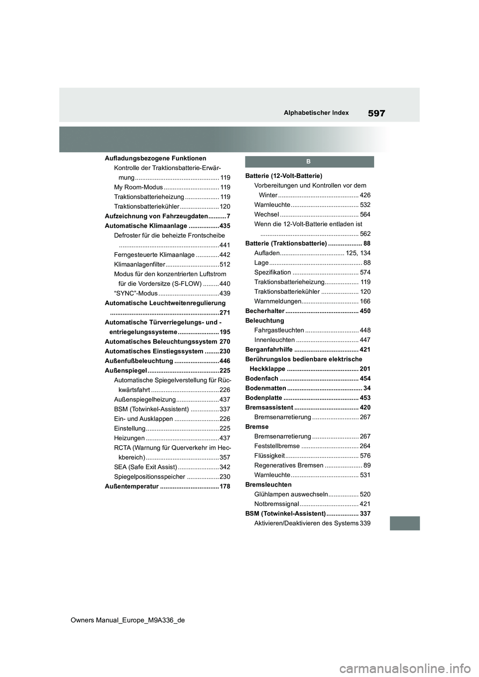 TOYOTA BZ4X 2022  Betriebsanleitungen (in German) 597
Owners Manual_Europe_M9A336_de
Alphabetischer Index
Aufladungsbezogene Funktionen 
Kontrolle der Traktionsbatterie-Erwär-
mung ............................................... 119
My Room-Modus ..