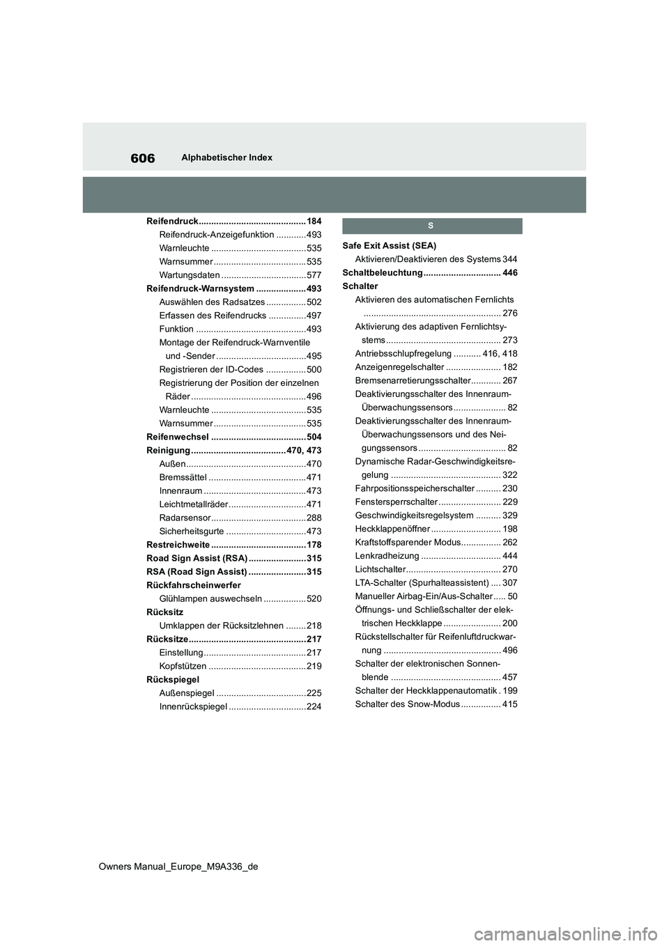 TOYOTA BZ4X 2022  Betriebsanleitungen (in German) 606
Owners Manual_Europe_M9A336_de
Alphabetischer Index 
Reifendruck........................................... 184 
Reifendruck-Anzeigefunktion ............ 493
Warnleuchte ..........................