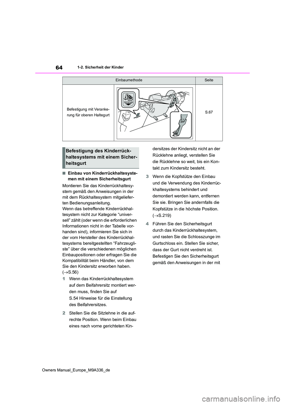 TOYOTA BZ4X 2022 Betriebsanleitungen (in German) 64
Owners Manual_Europe_M9A336_de
1-2. Sicherheit der Kinder
■Einbau von Kinderrückhaltesyste-
men mit einem Sicherheitsgurt
Montieren Sie das Kinderrückhaltesy-
stem gemäß den Anweisungen in TOYOTA BZ4X 2022 Betriebsanleitungen (in German) 64
Owners Manual_Europe_M9A336_de
1-2. Sicherheit der Kinder
■Einbau von Kinderrückhaltesyste-
men mit einem Sicherheitsgurt
Montieren Sie das Kinderrückhaltesy-
stem gemäß den Anweisungen in
