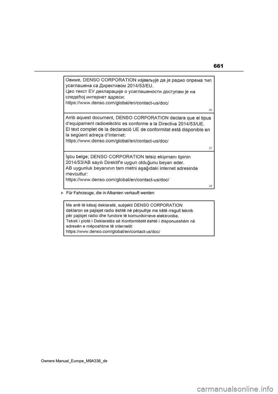 TOYOTA BZ4X 2022  Betriebsanleitungen (in German) 661
Owners Manual_Europe_M9A336_de
Für Fahrzeuge, die in Albanien verkauft werden 