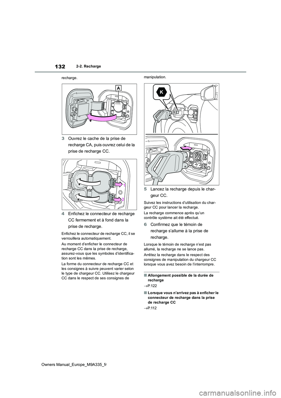TOYOTA BZ4X 2022  Notices Demploi (in French) 132
Owners Manual_Europe_M9A335_fr
2-2. Recharge 
recharge.
3 Ouvrez le cache de la prise de  
recharge CA, puis ouvrez celui de la  
prise de recharge CC. 
4 Enfichez le connecteur de recharge  
CC f