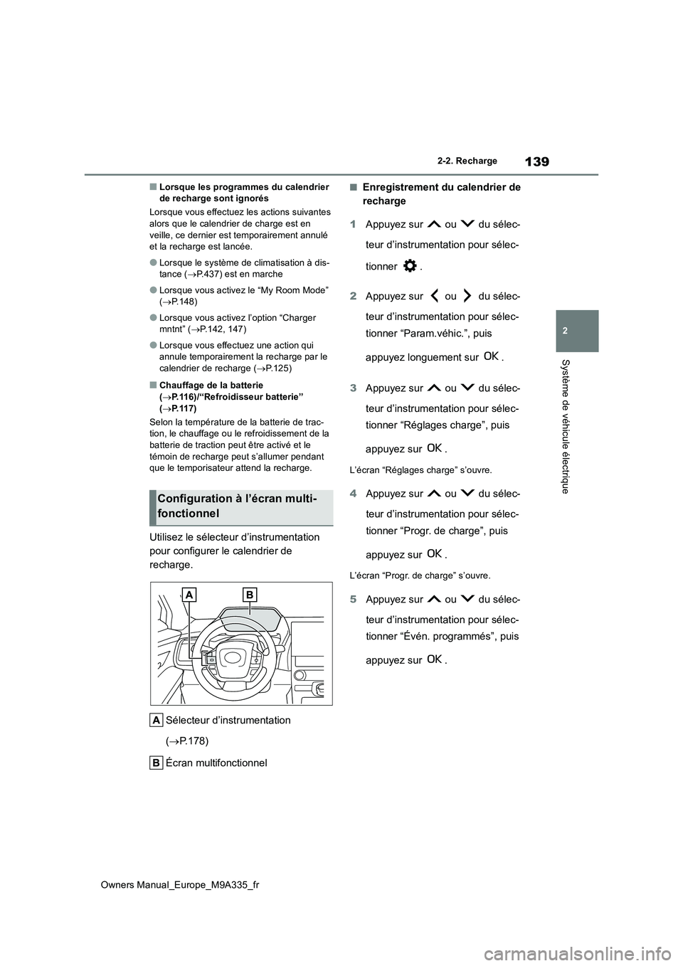 TOYOTA BZ4X 2022  Notices Demploi (in French) 139
2
Owners Manual_Europe_M9A335_fr
2-2. Recharge
Système de véhicule électrique
■Lorsque les programmes du calendrier  de recharge sont ignorés 
Lorsque vous effectuez l es actions suivantes  