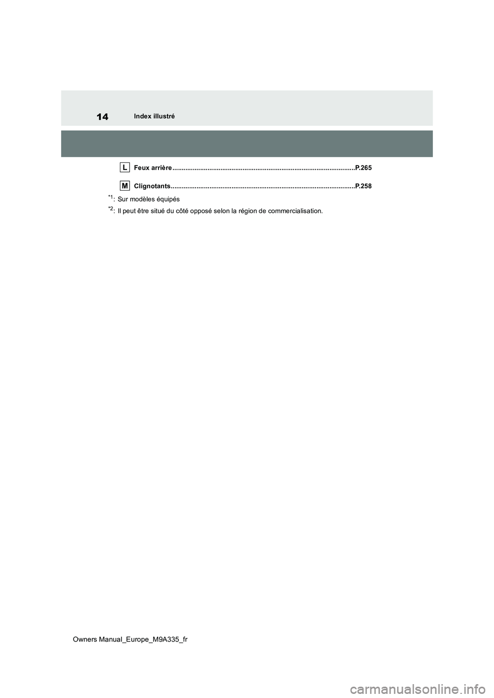 TOYOTA BZ4X 2022  Notices Demploi (in French) 14
Owners Manual_Europe_M9A335_fr
Index illustré 
Feux arrière ................................................... ................................................P.265 
Clignotants.................