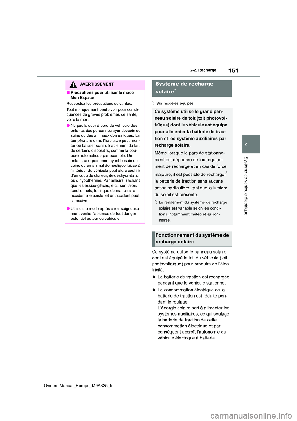 TOYOTA BZ4X 2022  Notices Demploi (in French) 151
2
Owners Manual_Europe_M9A335_fr
2-2. Recharge
Système de véhicule électrique
*: Sur modèles équipés
Ce système utilise le panneau solaire  
dont est équipé le toit du véhicule (toit 
ph