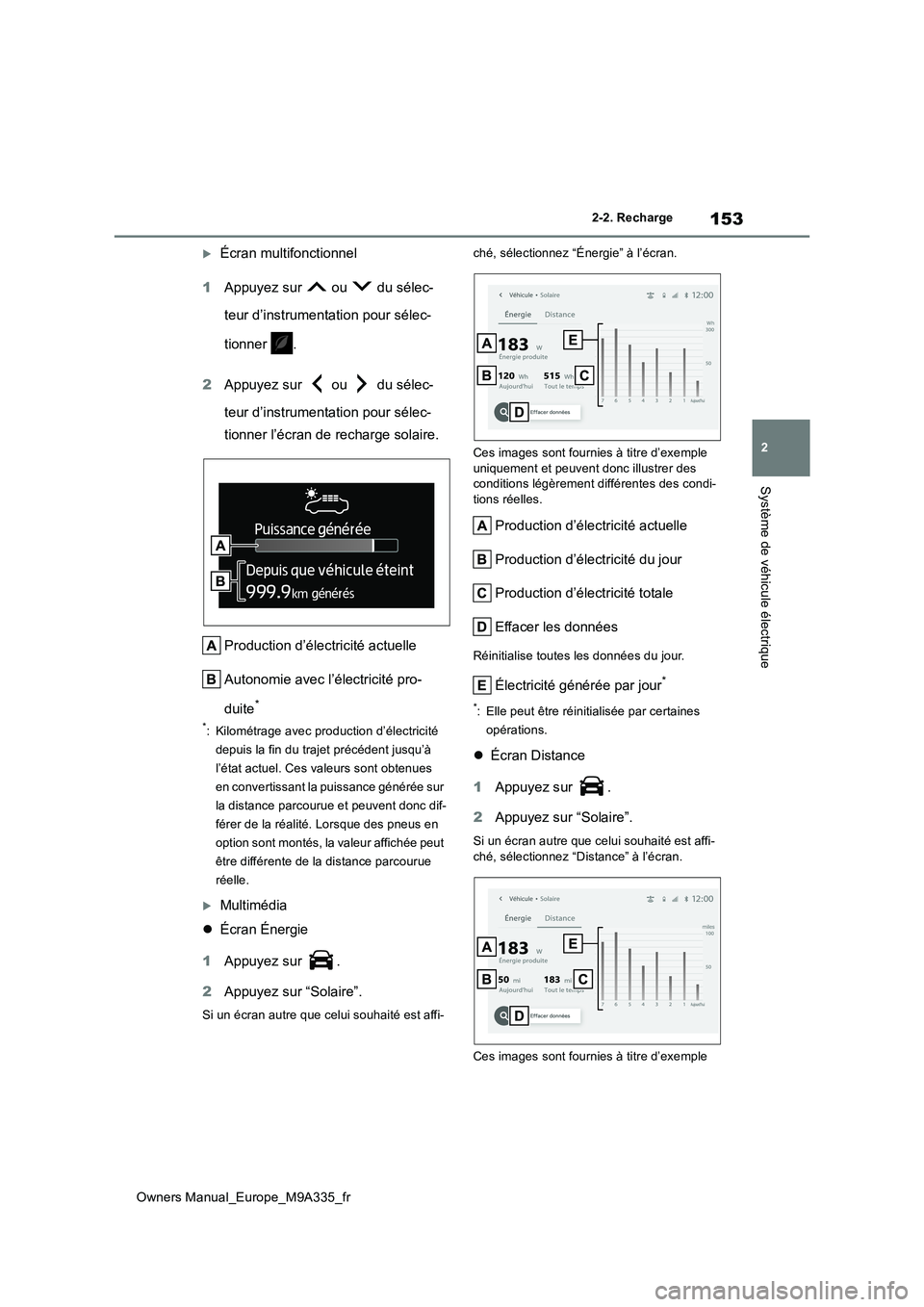 TOYOTA BZ4X 2022  Notices Demploi (in French) 153
2
Owners Manual_Europe_M9A335_fr
2-2. Recharge
Système de véhicule électrique
Écran multifonctionnel 
1 Appuyez sur   ou   du sélec- 
teur d’instrumentation pour sélec- 
tionner  . 
2 A