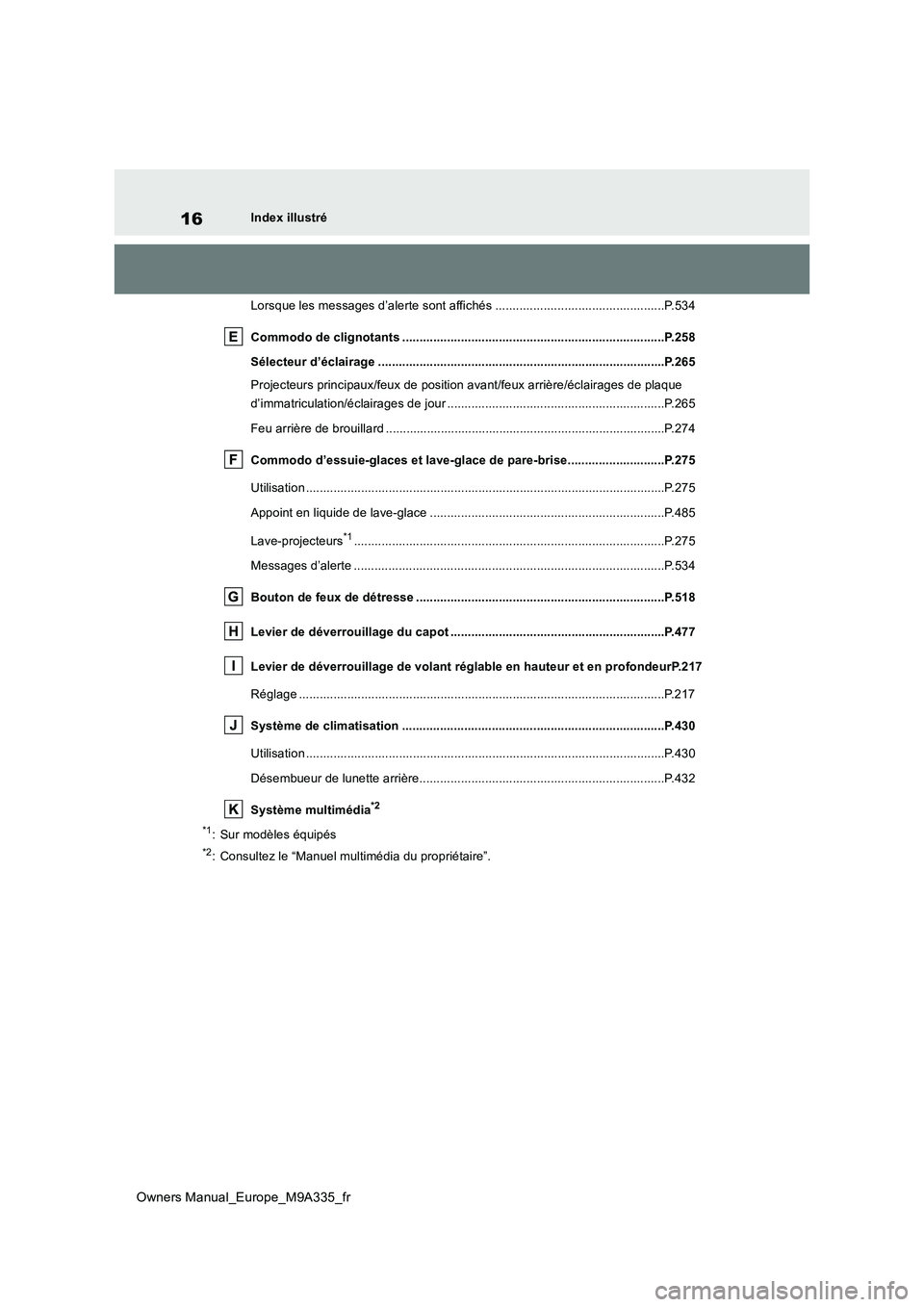 TOYOTA BZ4X 2022  Notices Demploi (in French) 16
Owners Manual_Europe_M9A335_fr
Index illustré 
Lorsque les messages d’alerte sont affichés .................... .............................P.534 
Commodo de clignotants ......................