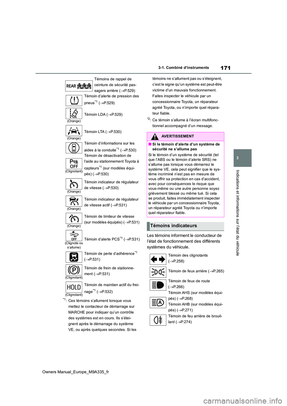 TOYOTA BZ4X 2022  Notices Demploi (in French) 171
3
Owners Manual_Europe_M9A335_fr
3-1. Combiné d’instruments
Indications et informations sur l’état du véhicule
*1: Ces témoins s’allument lorsque vous  
mettez le contacteur de démarrag
