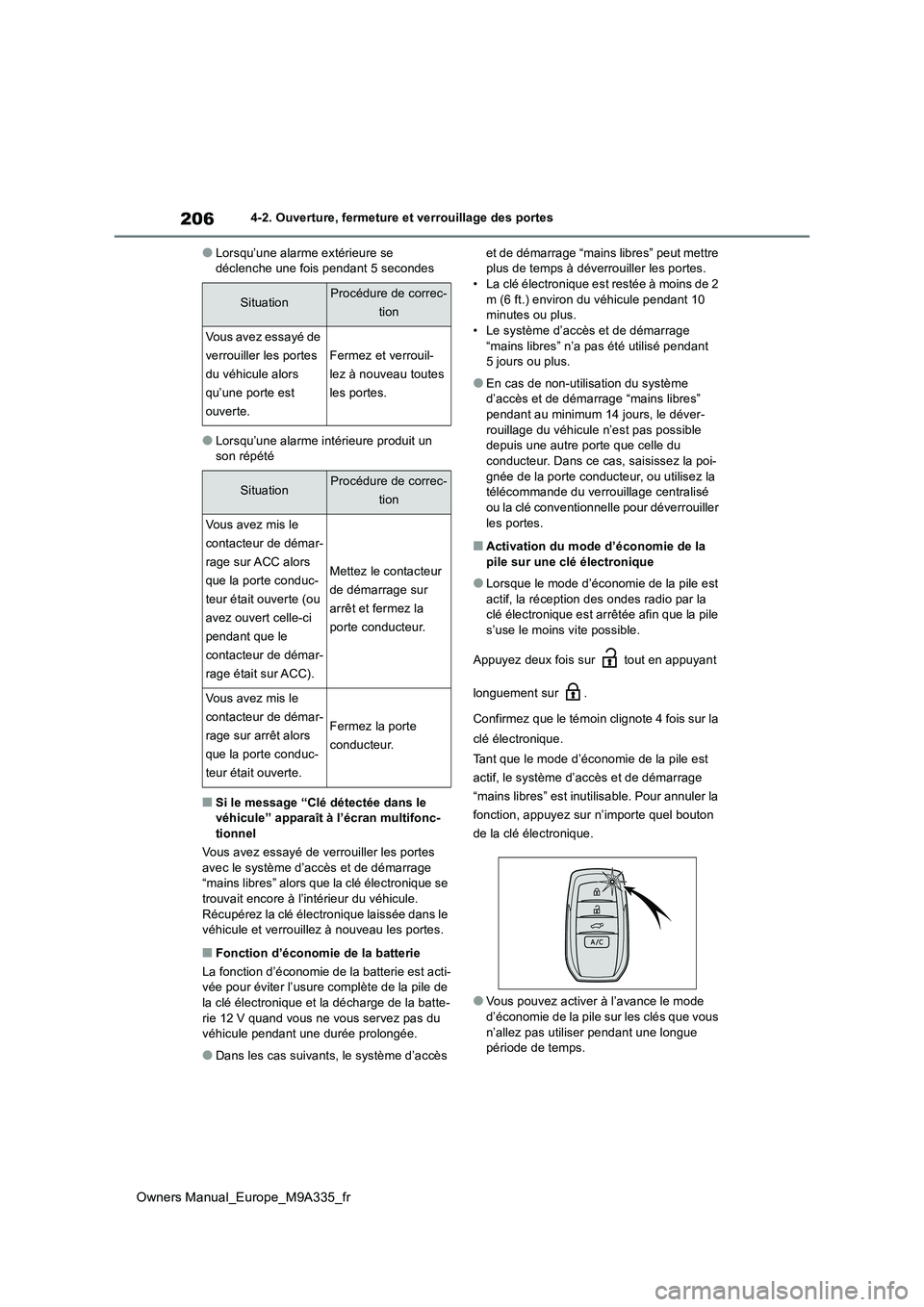 TOYOTA BZ4X 2022  Notices Demploi (in French) 206
Owners Manual_Europe_M9A335_fr
4-2. Ouverture, fermeture et verrouillage des portes
●Lorsqu’une alarme extérieure se  déclenche une fois pendant 5 secondes
●Lorsqu’une alarme intérieure
