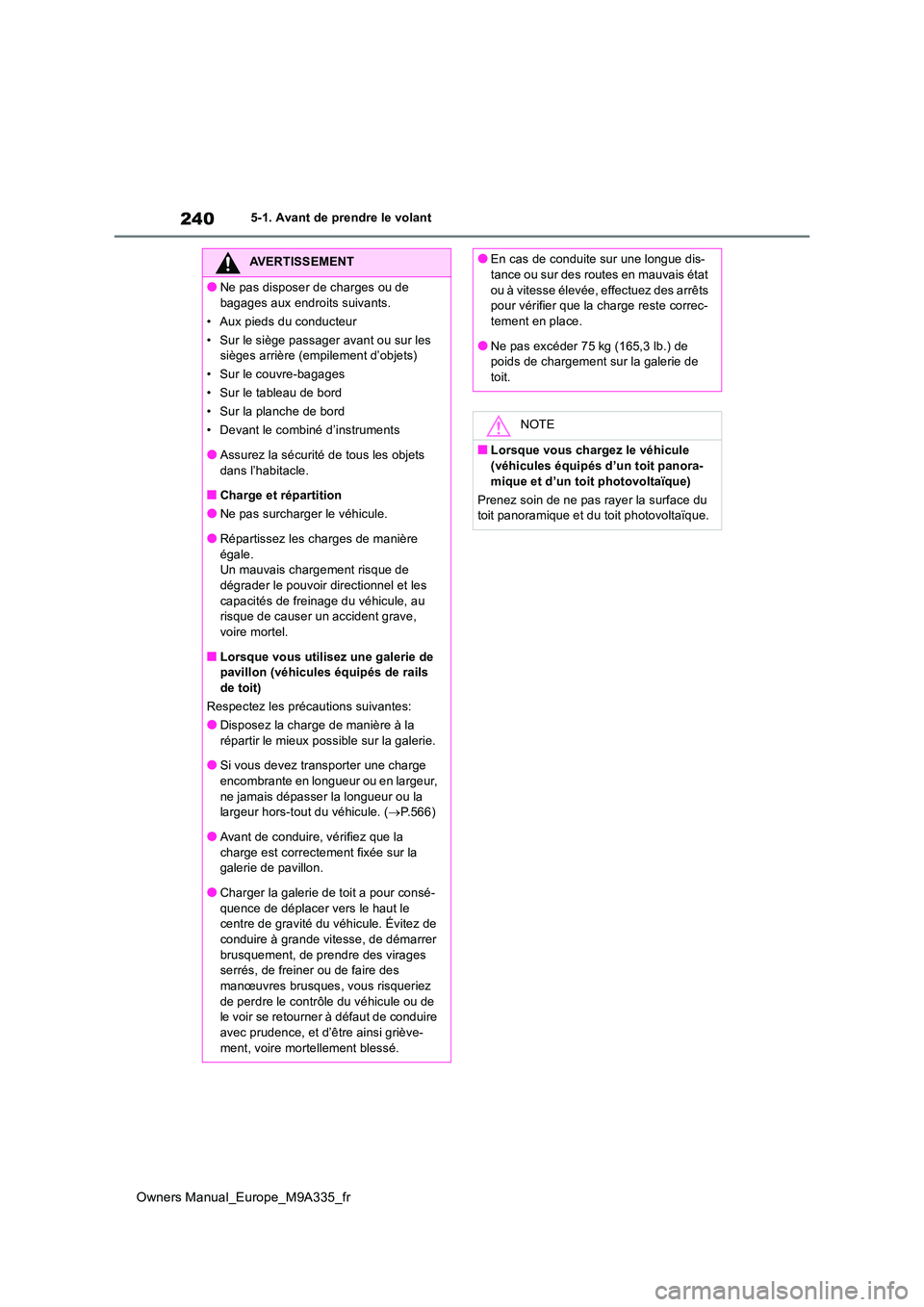 TOYOTA BZ4X 2022  Notices Demploi (in French) 240
Owners Manual_Europe_M9A335_fr
5-1. Avant de prendre le volant
AVERTISSEMENT
●Ne pas disposer de charges ou de  
bagages aux endroits suivants. 
• Aux pieds du conducteur
• Sur le siège pas