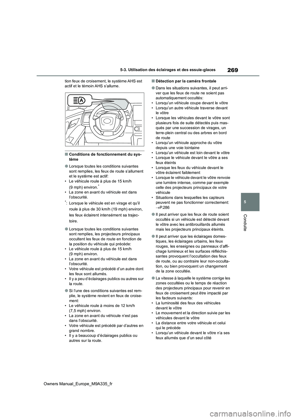 TOYOTA BZ4X 2022  Notices Demploi (in French) 269
5
Owners Manual_Europe_M9A335_fr
5-3. Utilisation des éclairages et des essuie-glaces
Conduite
tion feux de croisement, le système AHS est  actif et le témoin AHS s’allume.
■Conditions de f