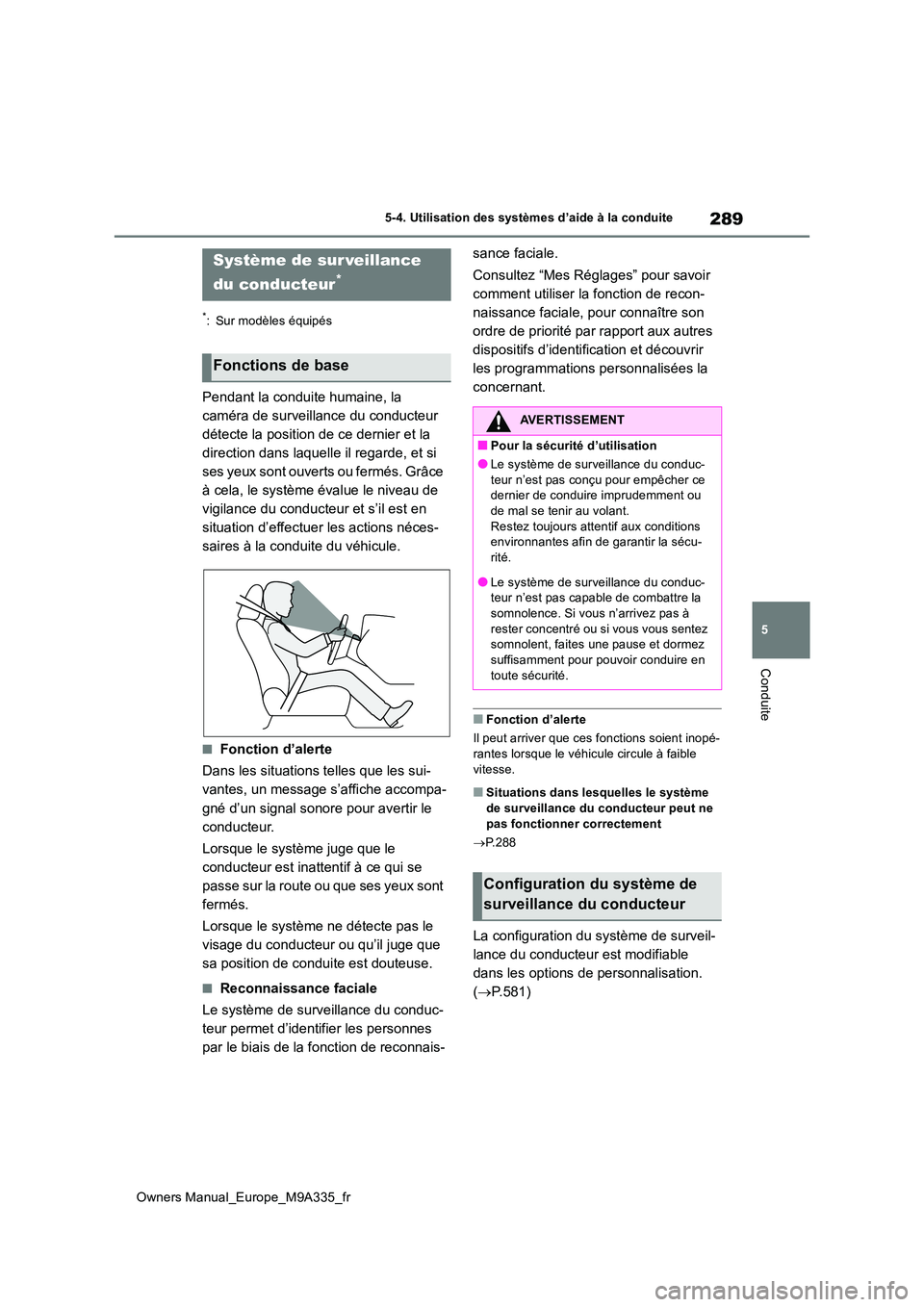 TOYOTA BZ4X 2022  Notices Demploi (in French) 289
5
Owners Manual_Europe_M9A335_fr
5-4. Utilisation des systèmes d’aide à la conduite
Conduite
*: Sur modèles équipés
Pendant la conduite humaine, la  
caméra de surveillance du conducteur 
