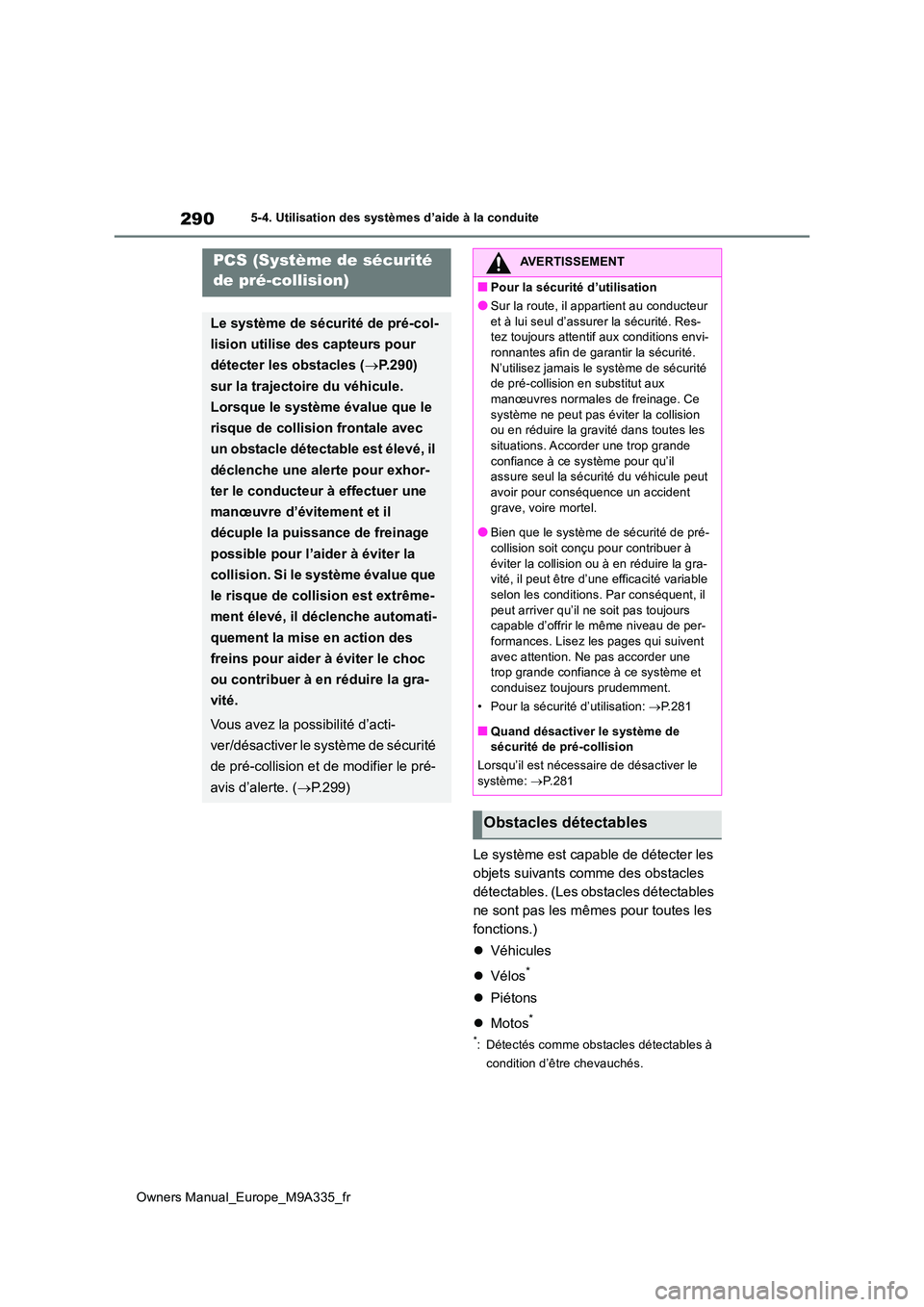 TOYOTA BZ4X 2022  Notices Demploi (in French) 290
Owners Manual_Europe_M9A335_fr
5-4. Utilisation des systèmes d’aide à la conduite
Le système est capable de détecter les  
objets suivants comme des obstacles 
détectables. (Les obstacles d