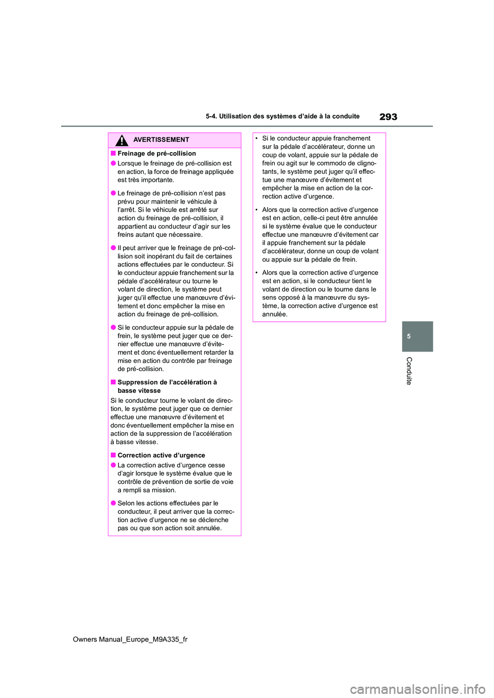 TOYOTA BZ4X 2022  Notices Demploi (in French) 293
5
Owners Manual_Europe_M9A335_fr
5-4. Utilisation des systèmes d’aide à la conduite
Conduite
AVERTISSEMENT
■Freinage de pré-collision
●Lorsque le freinage de pré-collision est  
en actio