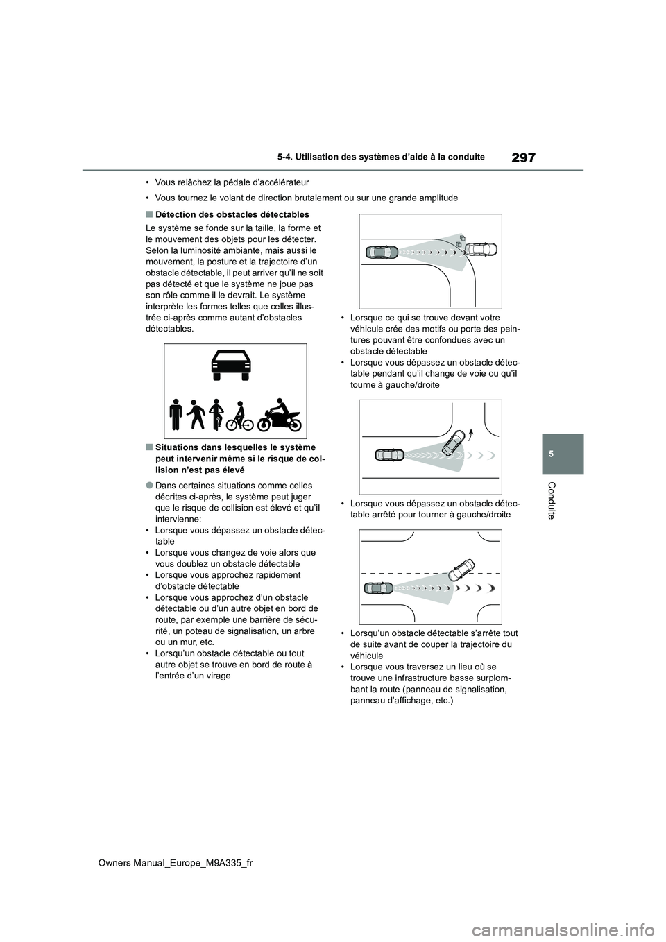 TOYOTA BZ4X 2022  Notices Demploi (in French) 297
5
Owners Manual_Europe_M9A335_fr
5-4. Utilisation des systèmes d’aide à la conduite
Conduite
• Vous relâchez la pédale d’accélérateur 
• Vous tournez le volant de direction brutaleme