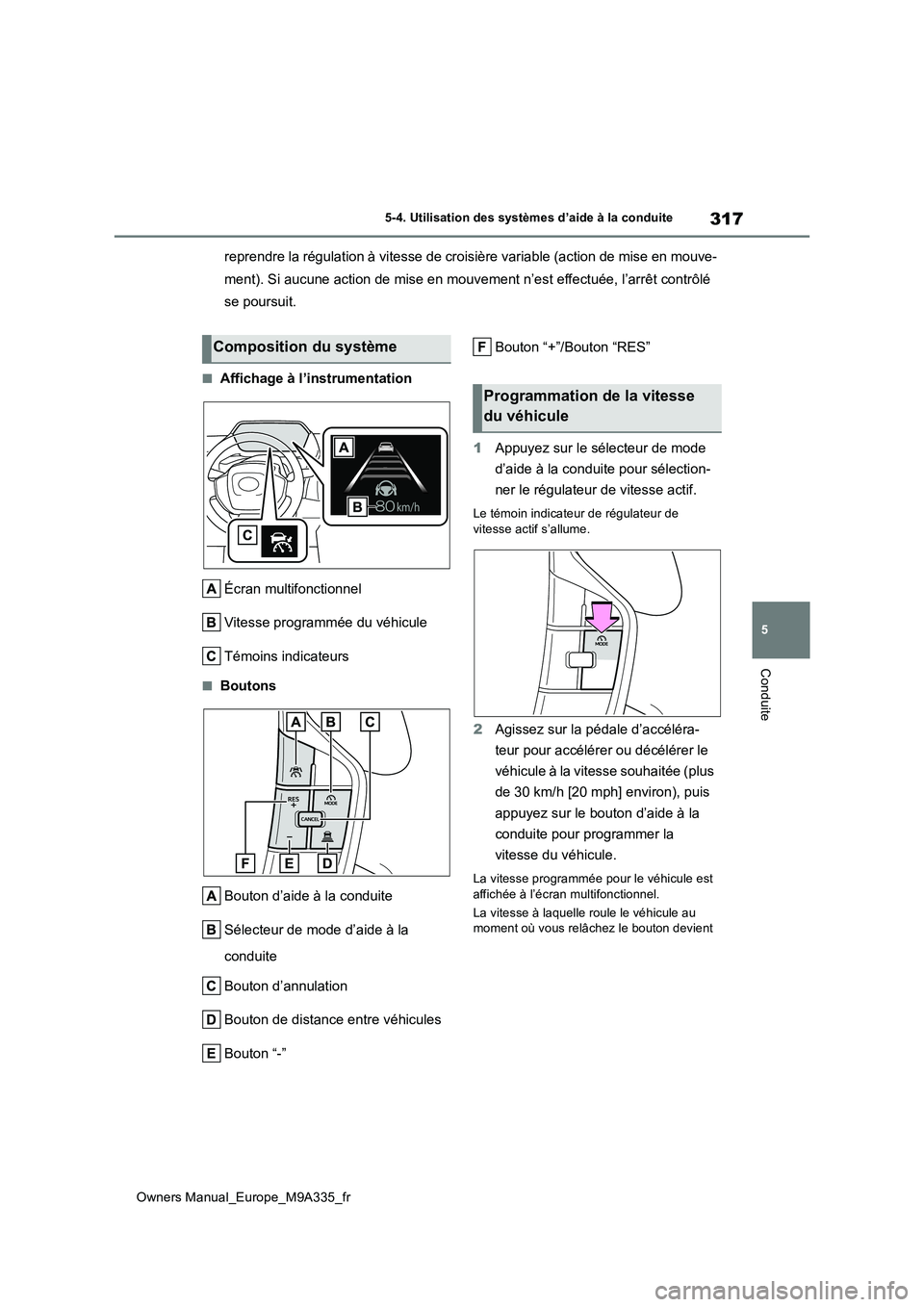 TOYOTA BZ4X 2022  Notices Demploi (in French) 317
5
Owners Manual_Europe_M9A335_fr
5-4. Utilisation des systèmes d’aide à la conduite
Conduite
reprendre la régulation à vitesse de croisière variable (action de mise en mouve- 
ment). Si auc