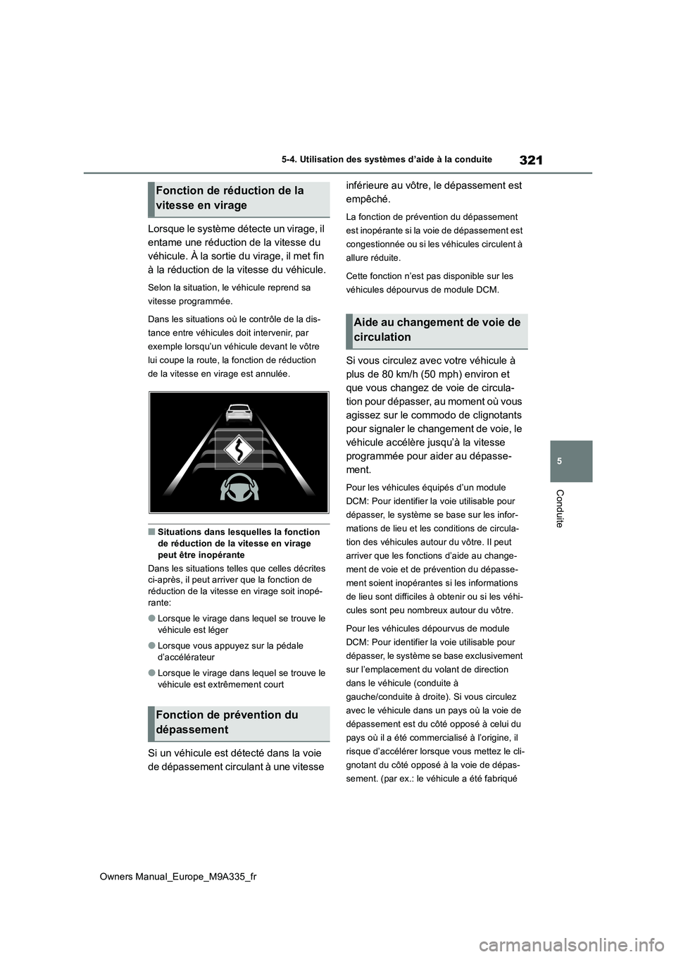 TOYOTA BZ4X 2022 Notices Demploi (in French) 321
5
Owners Manual_Europe_M9A335_fr
5-4. Utilisation des systèmes d’aide à la conduite
Conduite
Lorsque le système détecte un virage, il
entame une réduction de la vitesse du
véhicule. À TOYOTA BZ4X 2022 Notices Demploi (in French) 321
5
Owners Manual_Europe_M9A335_fr
5-4. Utilisation des systèmes d’aide à la conduite
Conduite
Lorsque le système détecte un virage, il
entame une réduction de la vitesse du
véhicule. À