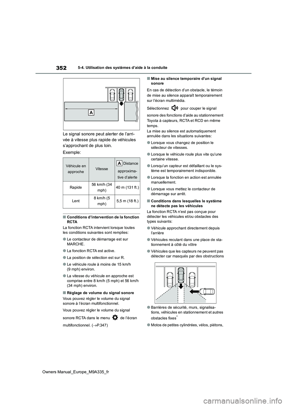 TOYOTA BZ4X 2022  Notices Demploi (in French) 352
Owners Manual_Europe_M9A335_fr
5-4. Utilisation des systèmes d’aide à la conduite
Le signal sonore peut alerter de l’arri- 
vée à vitesse plus rapide de véhicules 
s’approchant de plus 